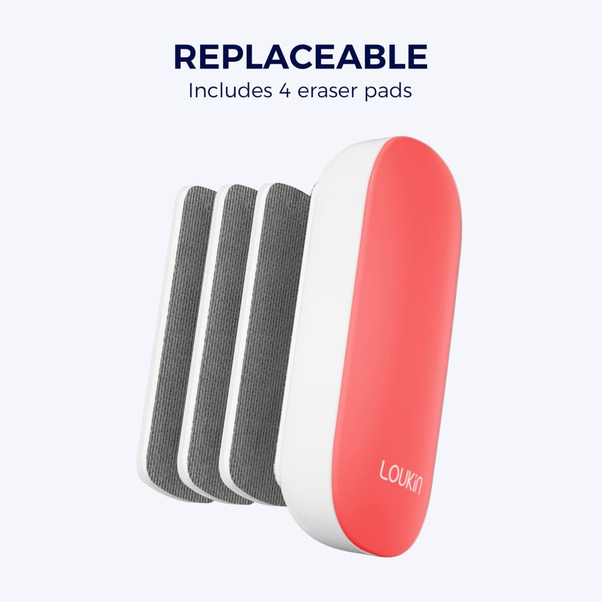 A product image showing the pink LOUKIN Replacable Dry Erase Eraser, model W3517K, alongside four gray replacement eraser pads, highlighting the "REPLACEABLE" feature.