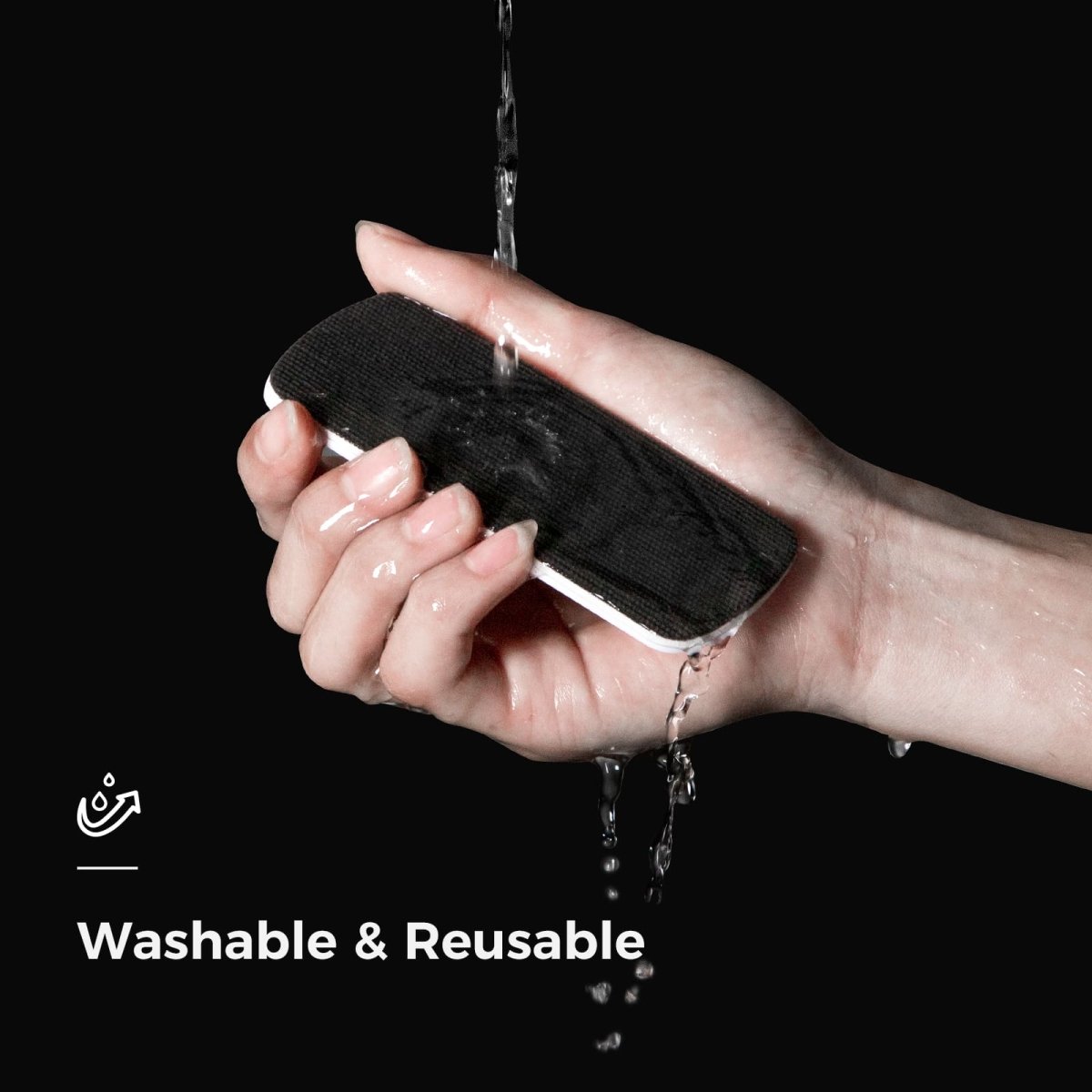 A close-up product image showing a hand washing the gray cleaning pad refill for the LOUKIN Replacable Dry Erase Eraser, model W3517K. The image highlights that the pad is "Washable & Reusable".