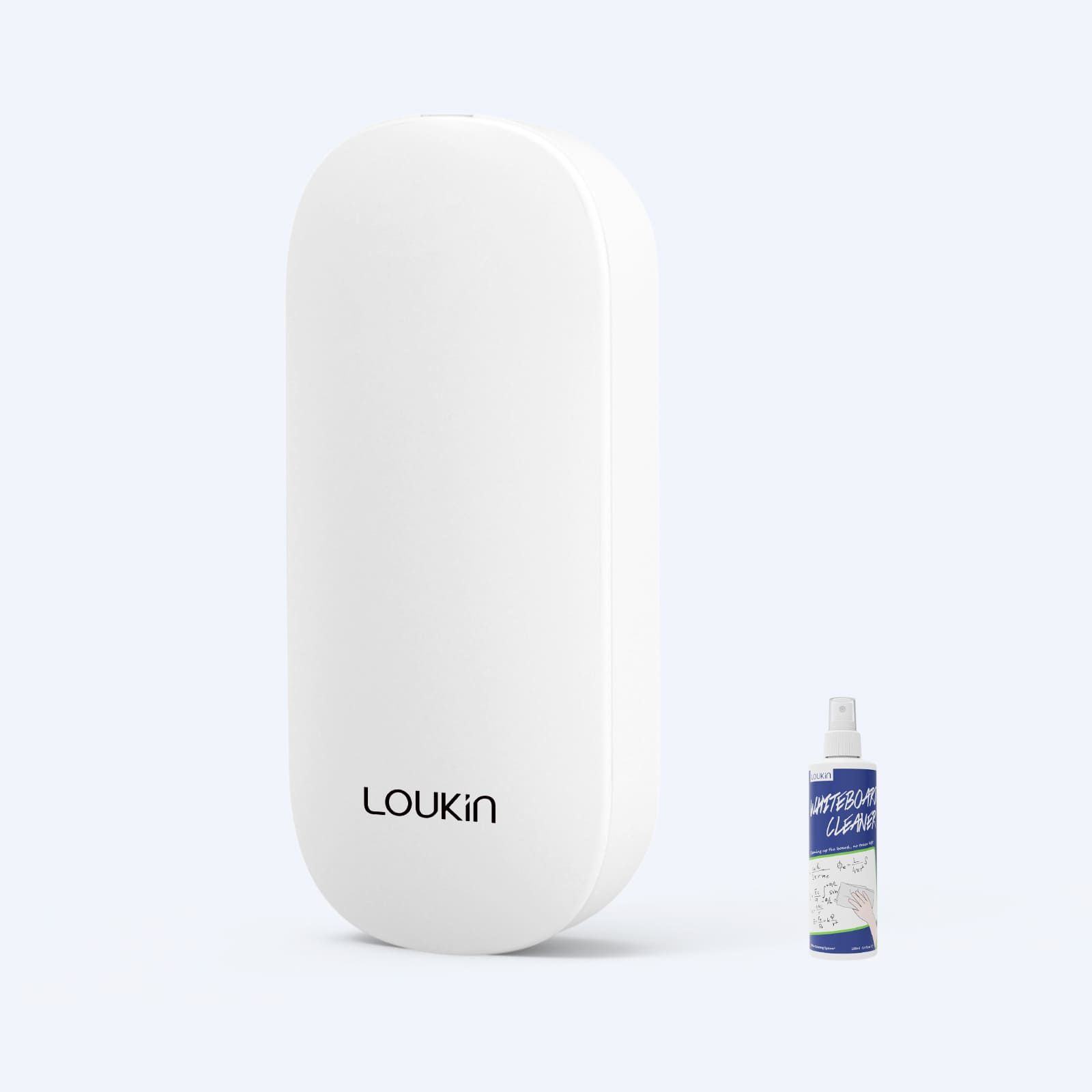 A product image of the white LOUKIN Replacable Dry Erase Eraser, model W3517K, with a sleek, vertical design, presented alongside a gift bottle of whiteboard cleaner.