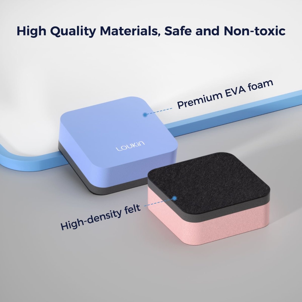 A close-up image of two LOUKIN Mini Dry Erase Erasers, model W3526K (blue and pink), disassembled to show the materials. The image highlights the **High Quality Materials, Safe and Non-toxic** features, specifically mentioning **Premium EVA foam** and **High-density felt**.