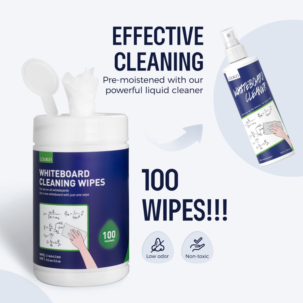 A product image of the LOUKIN whiteboard cleaning wipes, SKU W3203, with text emphasizing its powerful cleaning formula, low odor, and non-toxic properties.