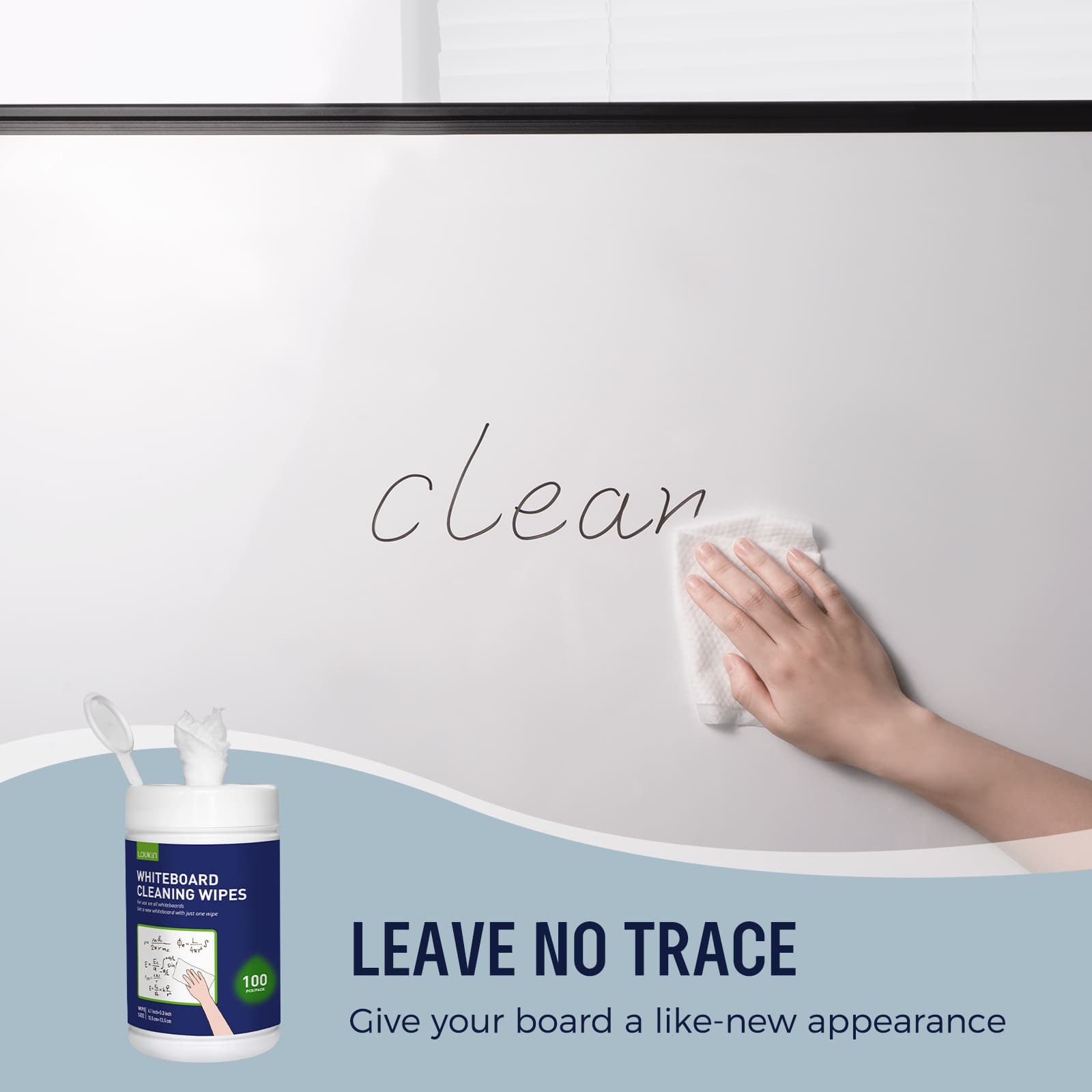 A hand wiping a whiteboard clean with a LOUKIN whiteboard cleaning wipe, demonstrating its ability to leave no trace and give the board a like-new appearance.