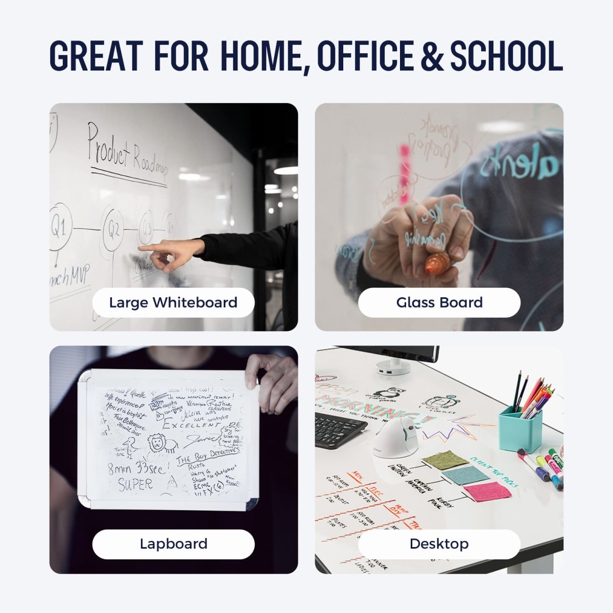 A collage of images showing the LOUKIN whiteboard cleaning wipes (SKU W3203) being used in a home, office, and school setting.