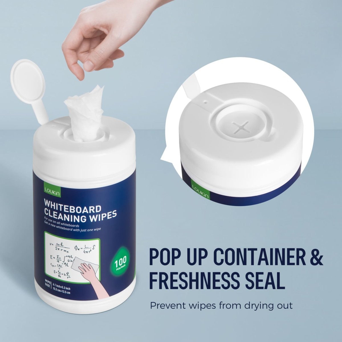 A product image of the LOUKIN whiteboard cleaning wipes, SKU W3203, showing the pop-up container and freshness seal designed to prevent the wipes from drying out.