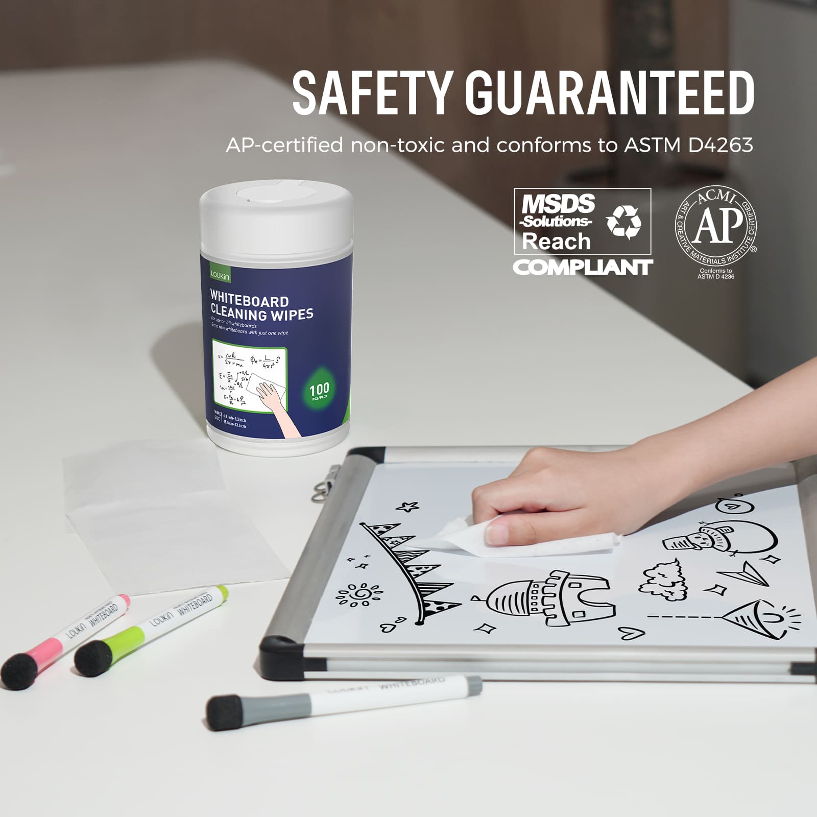 A product image of the LOUKIN whiteboard cleaning wipes, SKU W3203, with text highlighting that the product is AP-certified non-toxic and conforms to ASTM D4263. Also included are the MSDS and Reach Compliant logos.