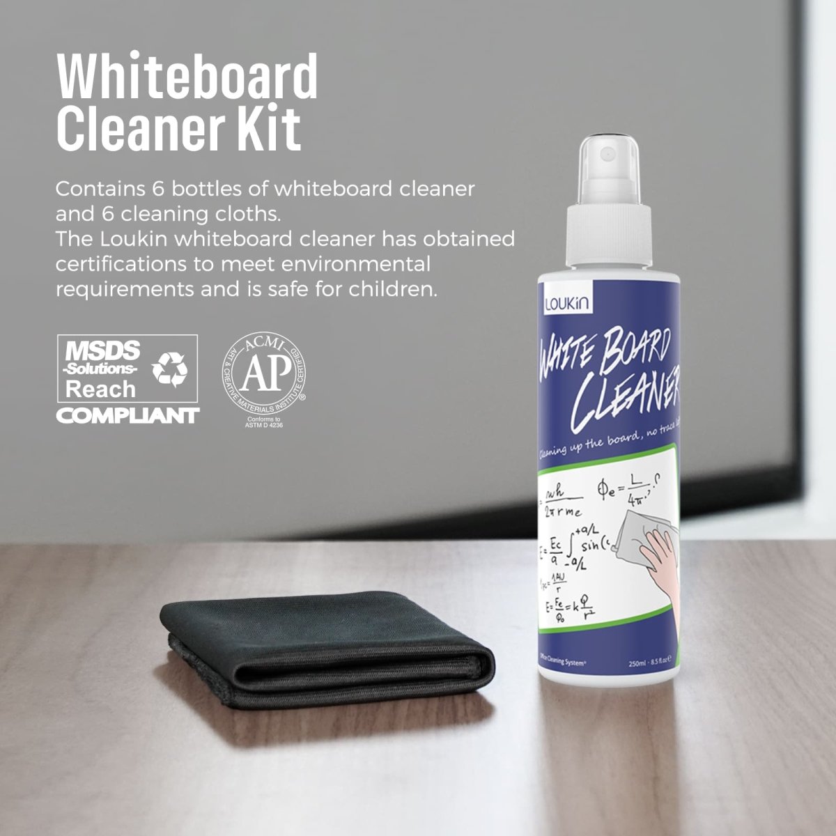 An image of the LOUKIN 250ml whiteboard cleaner, SKU W3401, with text highlighting that the product is AP-certified non-toxic and conforms to ASTM D4263. It also shows the MSDS and Reach Compliant logos.