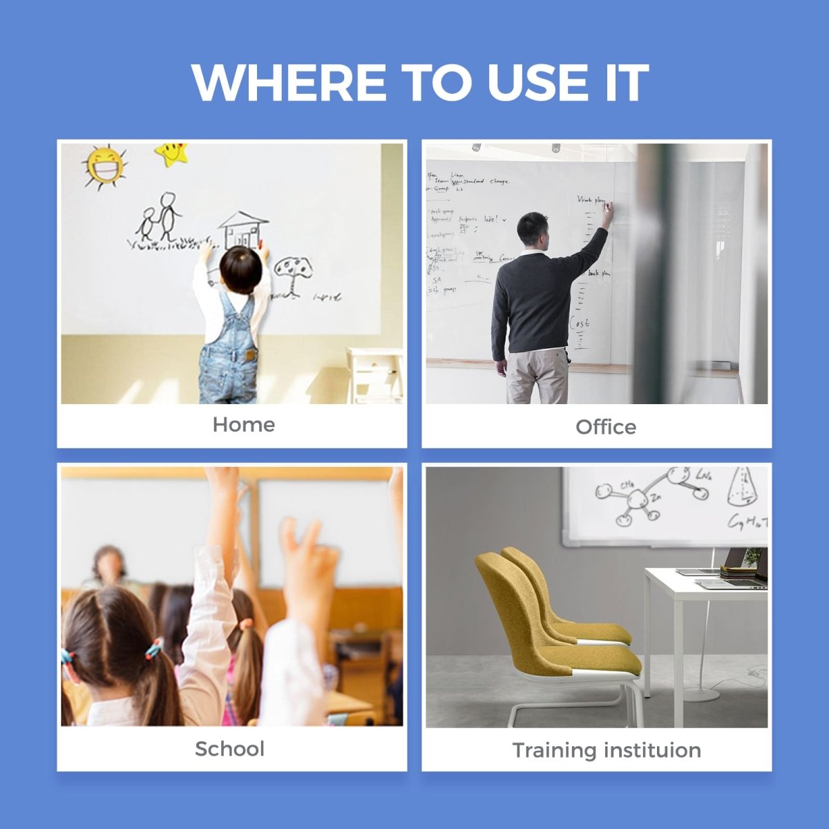 A collage of images showing the LOUKIN whiteboard cleaner (SKU W3404) being used in various environments, including home, office, school and training institutions, demonstrating its versatile applications.