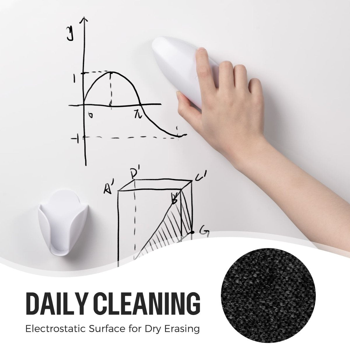 loukin Double-Sided Whiteboard Eraser (White) demonstrating the DAILY CLEANING feature. The image shows a hand cleaning a whiteboard with a graph and a 3D diagram. The featured cleaning method is the Electrostatic Surface for Dry Erasing. A white magnetic eraser holder is also visible on the board.