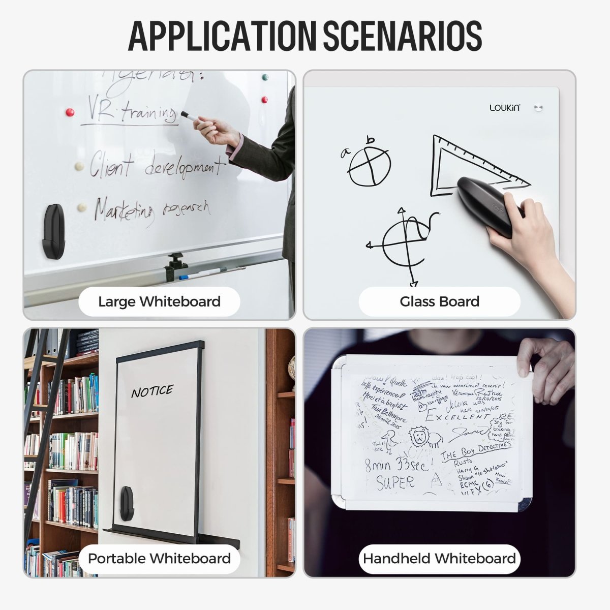 loukin Whiteboard Cleaning Accessories (Eraser, Holder) Application Scenarios. The image illustrates the products' suitability for four different surfaces: Large Whiteboard, Glass Board, Portable Whiteboard, and Handheld Whiteboard, demonstrating the versatility of the accessories.
