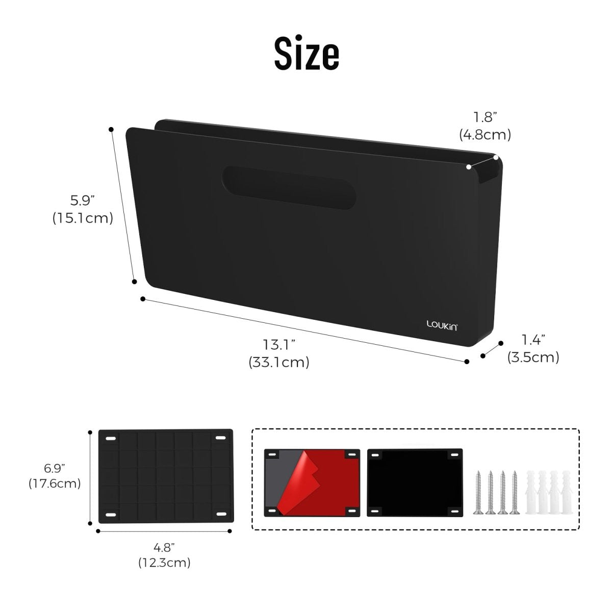 Product dimensions and mounting kit details for the black Loukin Magnetic File Holder (S1301). The holder measures 13.1" (33.1cm) long x 5.9" (15.1cm) high x 1.8" (4.8cm) deep. The magnetic mounting plate measures 6.9" (17.6cm) x 4.8" (12.3cm). The kit includes the magnetic plate, adhesive stickers, screws, and wall anchors for versatile installation.