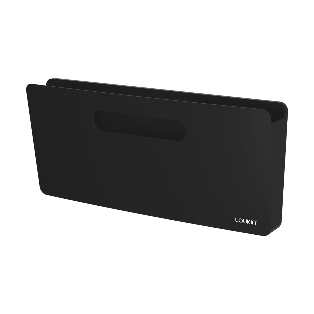 A perspective view of the black Loukin Magnetic File Holder (S1301). The holder has a long, rectangular shape with a subtle curve and a cutout handle in the center, designed for magnetic storage of files, documents, or accessories on a whiteboard or metal surface. The LOUKIN logo is subtly visible on the bottom corner.