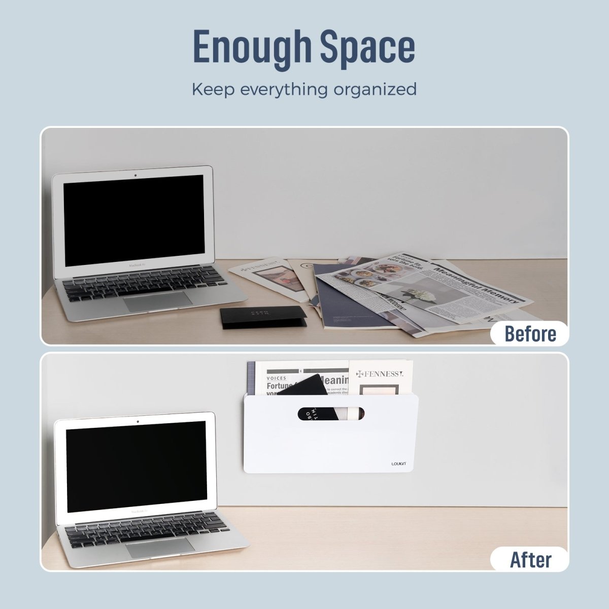 Loukin Magnetic File Holder (S1301) in white, highlighting the Enough Space feature to Keep everything organized. The "Before" panel shows a cluttered desk with a laptop, scattered papers, and magazines. The "After" panel shows the white magnetic holder mounted on the wall, holding the magazines and accessories, resulting in a clean desk with only the laptop visible.
