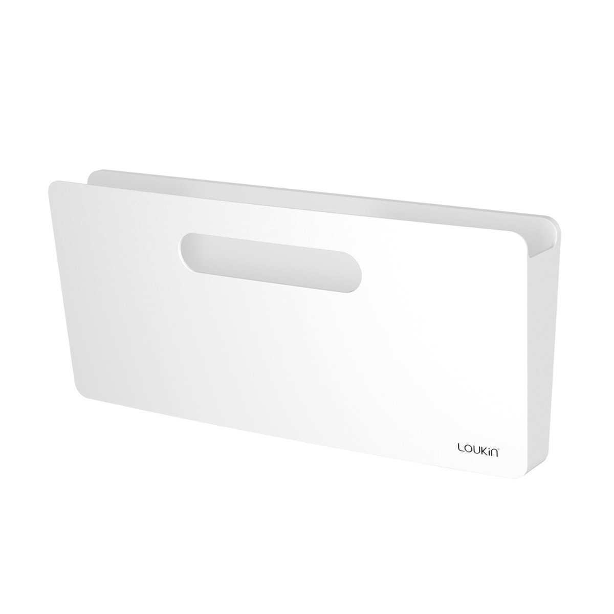 Main product image of the white Loukin Magnetic File Holder (S1301). The holder features a long, rectangular shape with an integrated cutout handle for easy carrying. The white organizer is designed to magnetically attach to whiteboards or metal surfaces for document and accessory storage. The LOUKIN logo is visible in the bottom right corner.