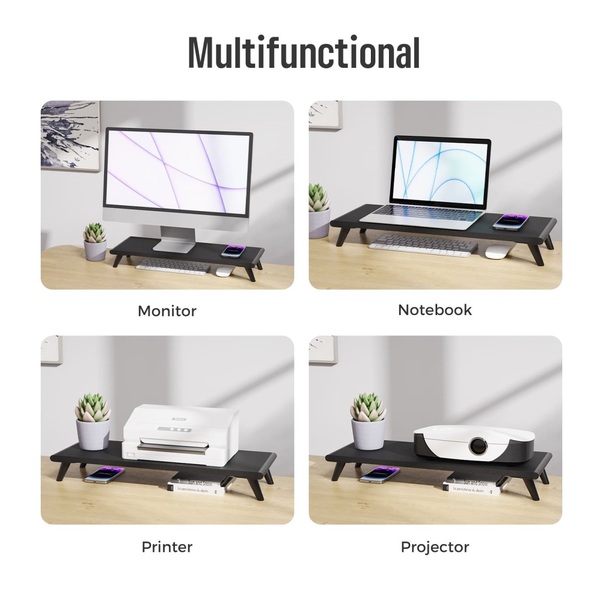 Loukin Single Monitor Stand Riser (S4101) highlighting its Multifunctional use cases. The four panels show the black stand being used to elevate a Monitor, a Notebook (laptop), a Printer, and a Projector, demonstrating its versatile application in an organized workspace.
