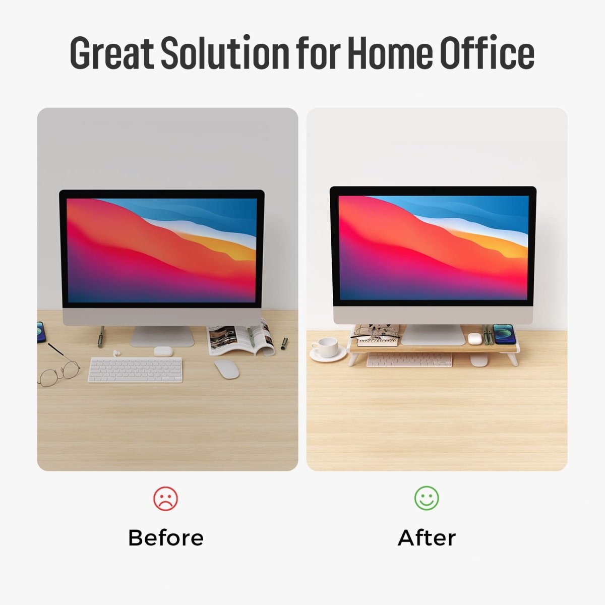 Before-and-after comparison of a desk using the Loukin Single Monitor Stand Riser (S4101) in a wood grain and white finish. The Before image shows a flat desktop with a monitor and scattered accessories. The After image shows the monitor elevated by the stand, with the keyboard and accessories stored neatly in the under-shelf space, highlighting the stand as a Great Solution for Home Office organization and tidiness.