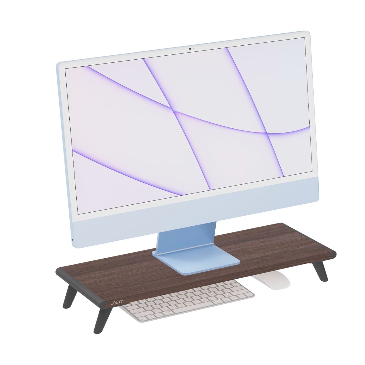 Main product image of the Loukin Single Monitor Stand Riser (S4101) with a dark wood grain desktop and black legs. The stand elevates a light blue Apple iMac, providing storage space beneath for a keyboard and mouse, promoting an ergonomic and modern workspace.