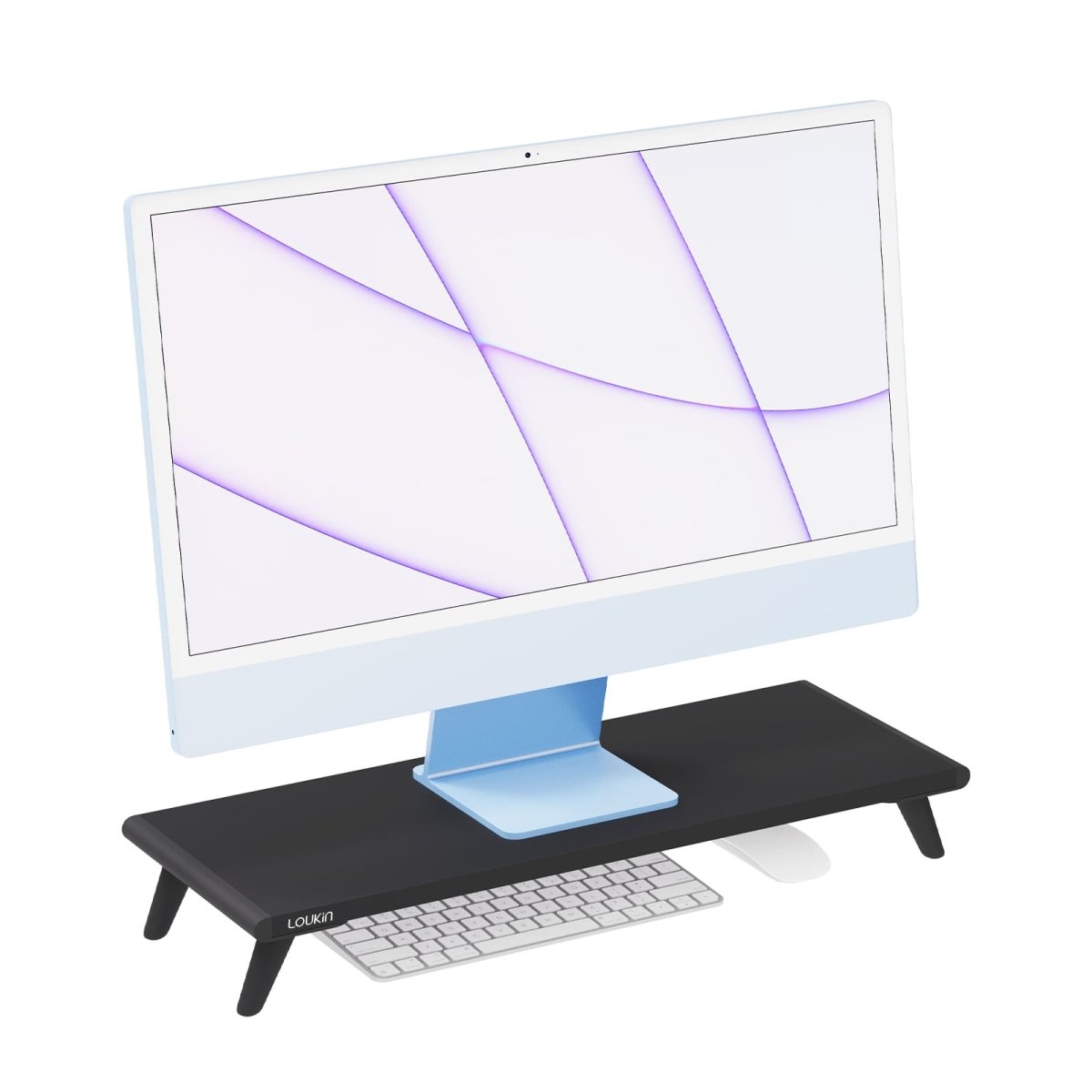 Main product image of the Loukin Single Monitor Stand Riser (S4101) with a light wood grain desktop and white legs. The stand elevates a blue Apple iMac, creating storage space beneath for a keyboard and mouse, promoting an ergonomic and tidy workspace.