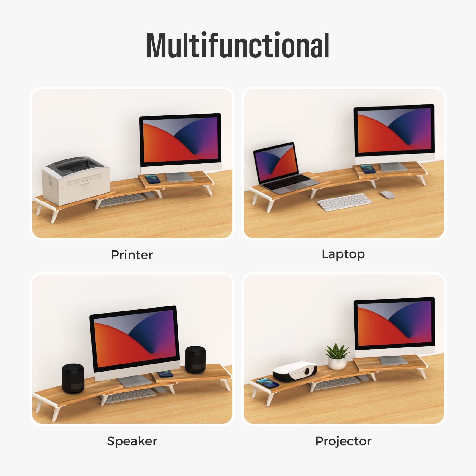 Loukin Dual Monitor Stand Riser (S4102) in a light wood grain desktop and white legs, highlighting its Multifunctional uses. The four panels show the adjustable stand supporting a Printer, a Laptop, Speakers, and a Projector, alongside an elevated monitor, demonstrating its versatile use for various devices in an office or home setting.