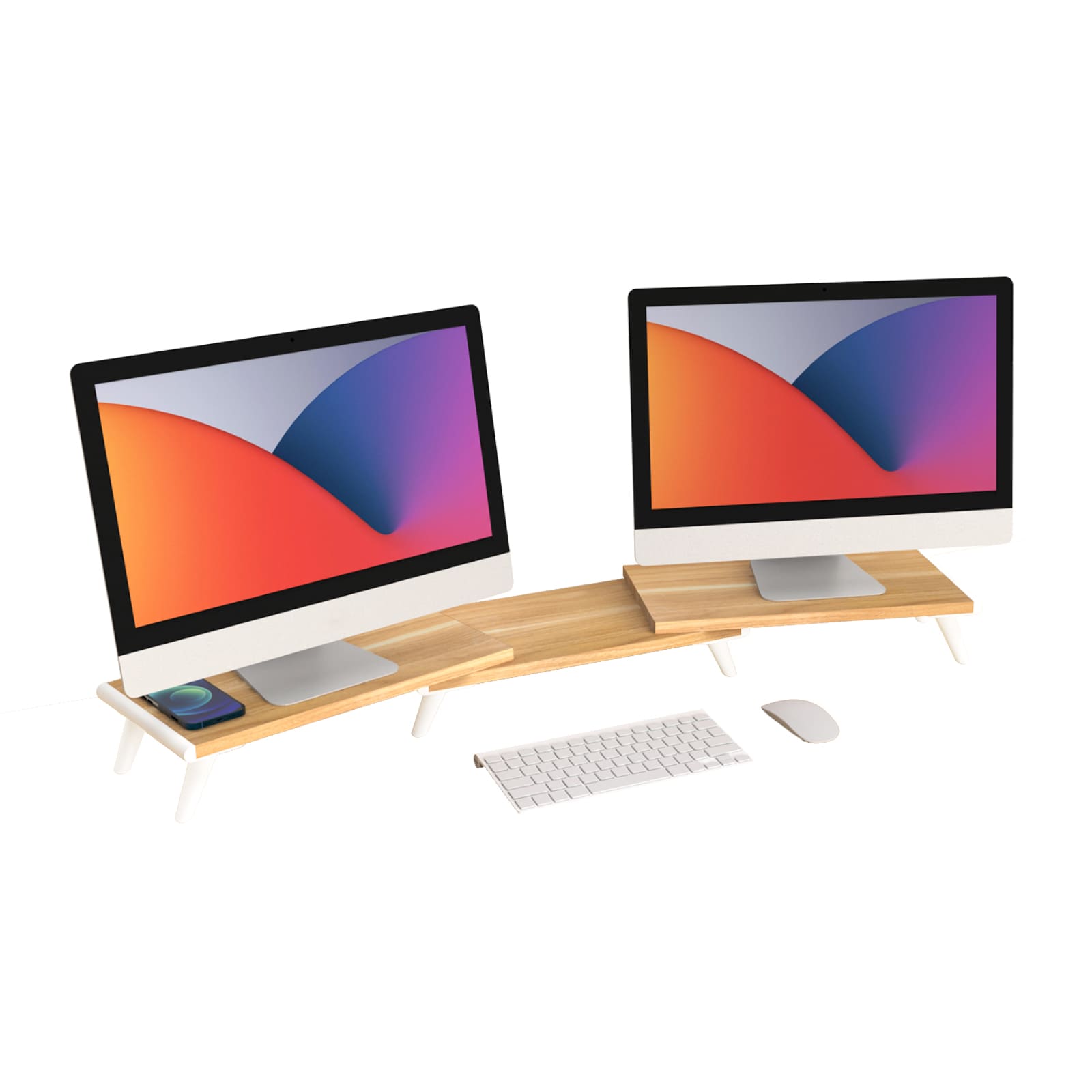 Main product image of the Loukin Dual Monitor Stand Riser (S4102) in a light wood grain desktop and white legs. The adjustable stand is configured to support two large computer monitors, with a keyboard and mouse placed in the organized space underneath, demonstrating an ergonomic and stylish dual-screen workspace solution.