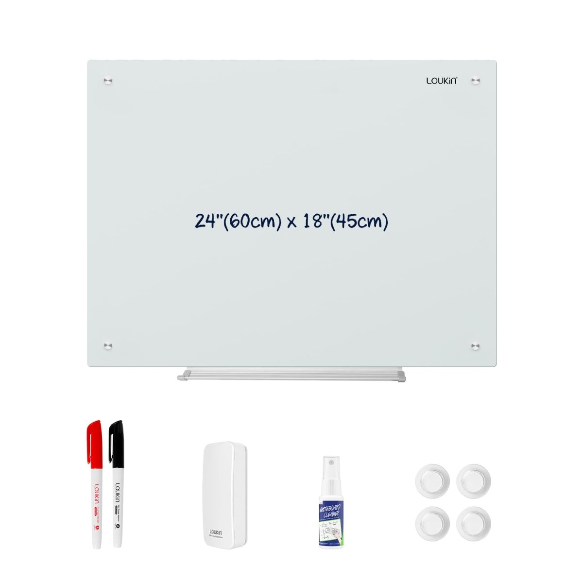 Main product image of the Loukin 24" x 18" (60cm x 45cm) Frameless Glass Whiteboard (W1201K), shown with a silver metal marker tray/stand. The included accessories are displayed below: two dry-erase markers (red and black), a large white magnetic dry eraser, a bottle of whiteboard cleaner spray, and four circular magnets (white).