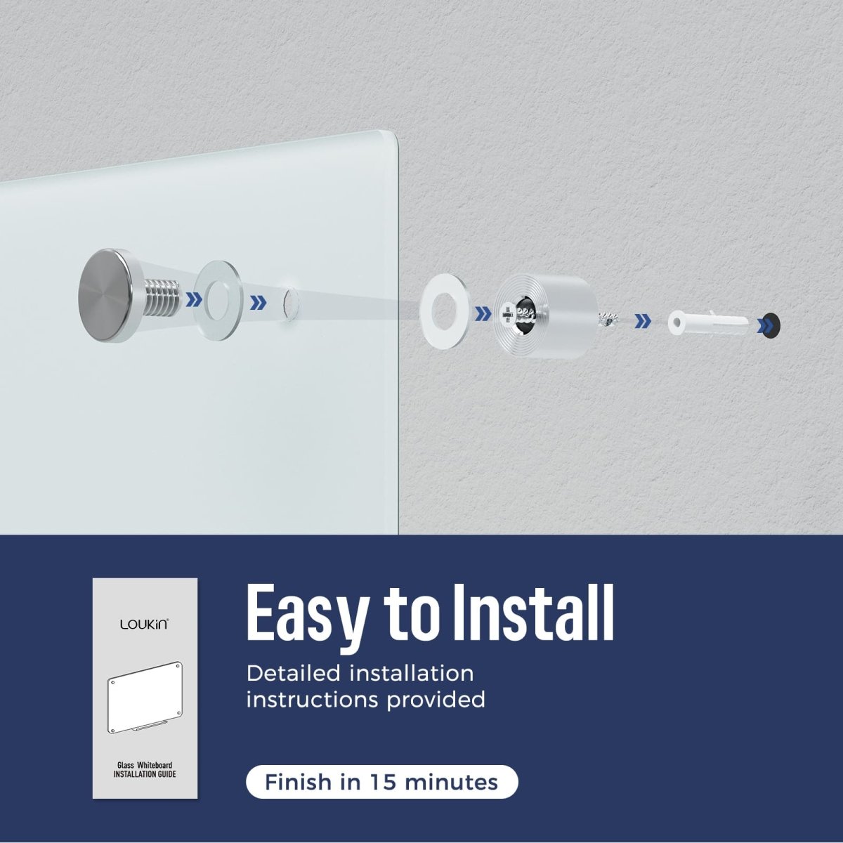 Feature image for the Loukin Glass Whiteboard (W1201K), highlighting that it is "Easy to Install." The image shows an exploded diagram of the wall-mounting hardware (standoff, screw, and anchor) with the whiteboard corner, illustrating the step-by-step installation process. Text also notes that "Detailed installation instructions provided" and installation can be "Finish in 15 minutes."