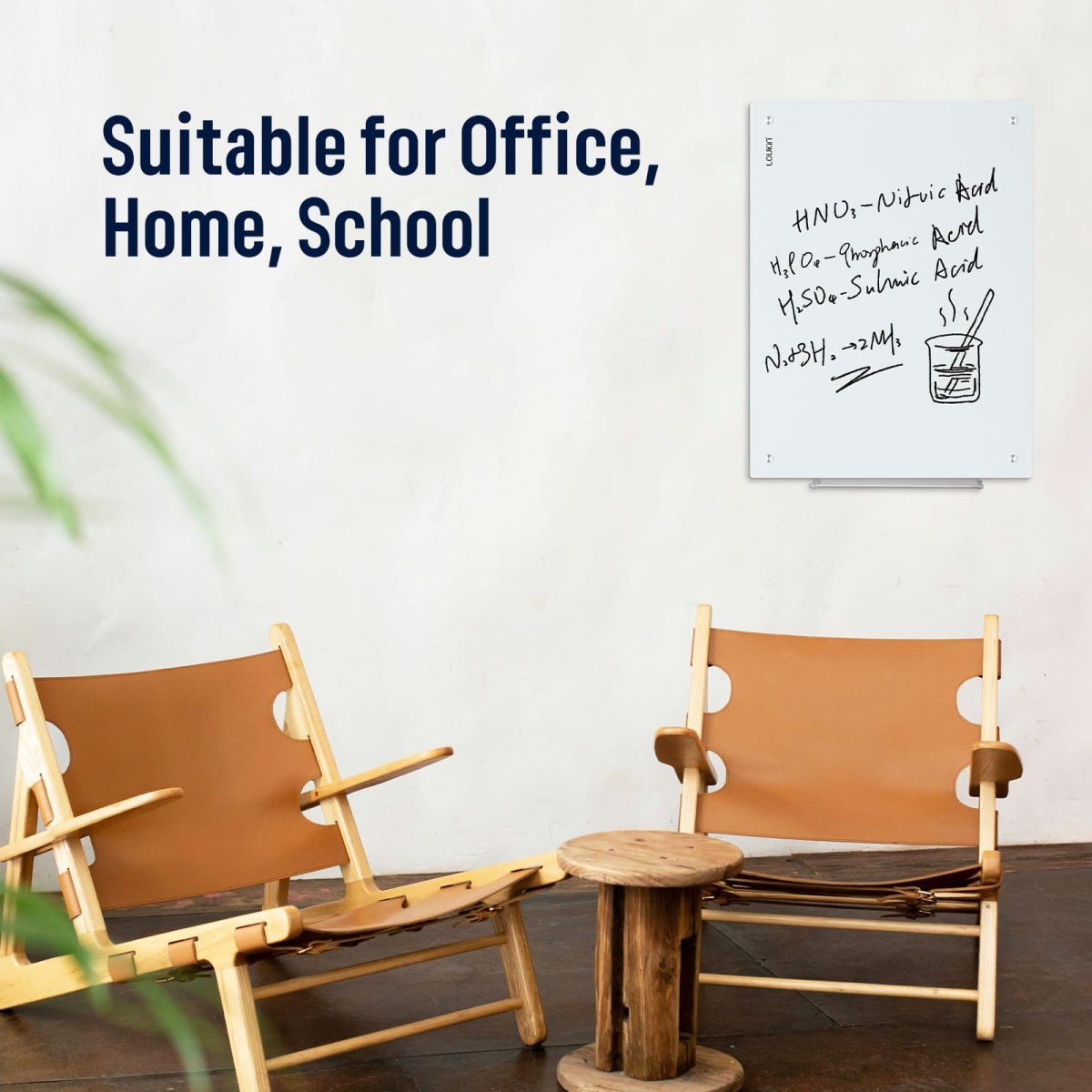 Feature image for the Loukin Glass Whiteboard (W1201K), highlighting its versatility as "Suitable for Office, Home, School." The whiteboard is shown on a wall displaying handwritten chemical equations and formulas, placed above two modern leather chairs in a stylish interior, suggesting its use for both professional and learning environments.