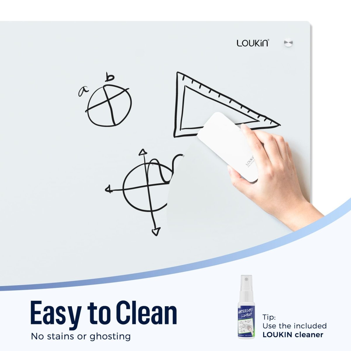 Feature image for the Loukin Glass Whiteboard (W1203K), highlighting that it is "Easy to Clean" with "No stains or ghosting." A hand is shown easily wiping off handwritten geometric and mathematical drawings with an eraser. A tip below suggests using the included LOUKIN cleaner for best results.