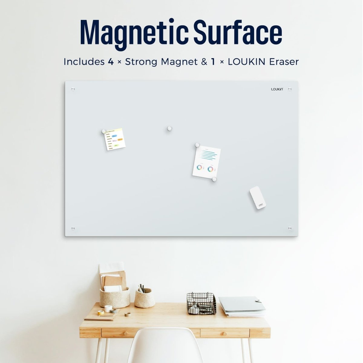 Feature image for the Loukin Glass Whiteboard (W1203K), highlighting its Magnetic Surface. The image states it Includes 4 x Strong Magnet & 1 x LOUKIN Eraser. The large whiteboard is shown on a wall, holding notes and documents using magnets, with the magnetic eraser also attached, above a neat wooden desk.