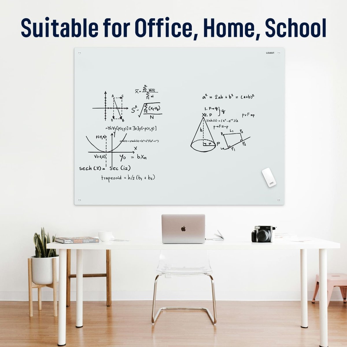 Feature image for the Loukin Glass Whiteboard (W1203K), highlighting its versatility as "Suitable for Office, Home, School." The large whiteboard is mounted on a wall above a clean white desk, displaying handwritten advanced math and geometry formulas, suggesting its use for studying or complex brainstorming in a professional or creative setting.