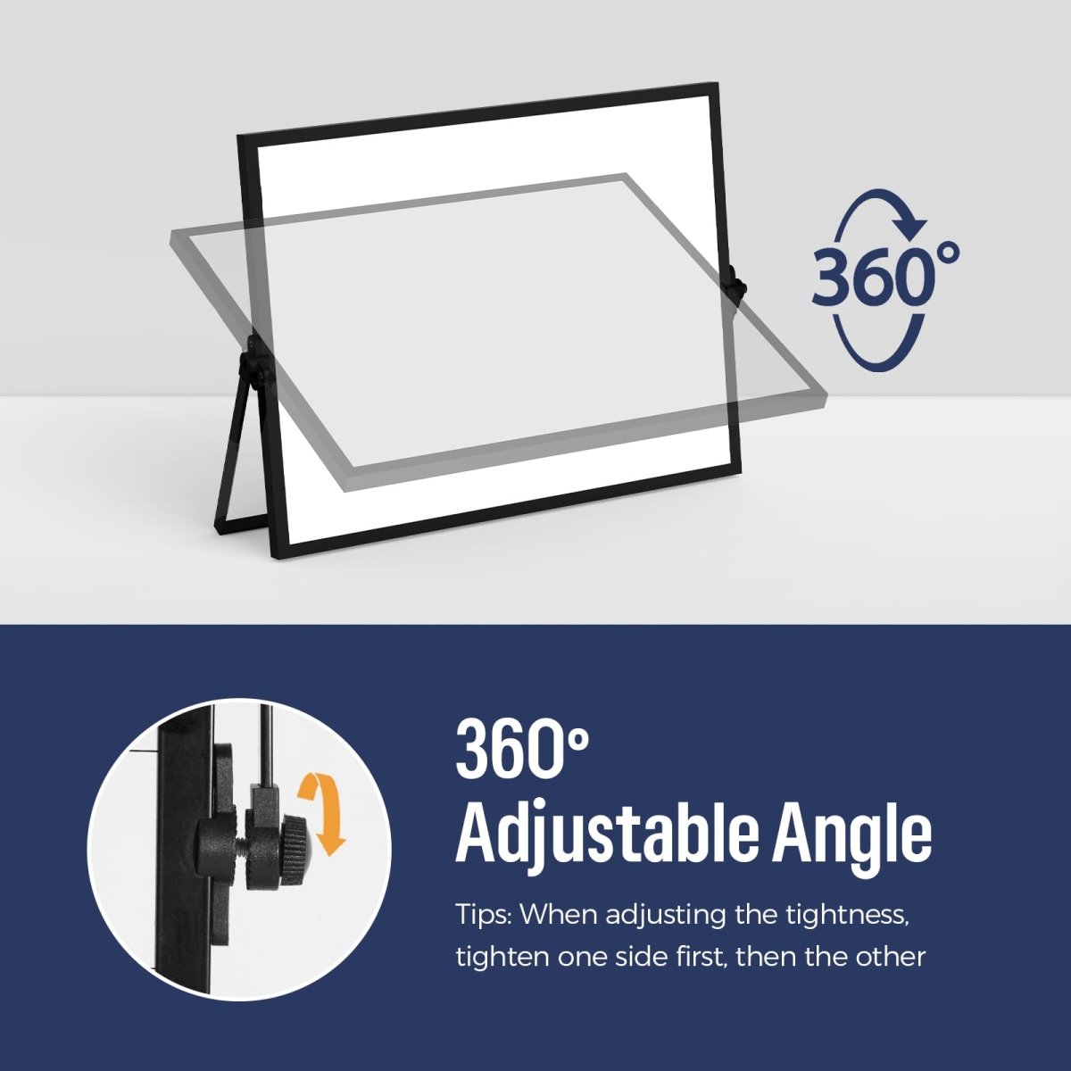Feature image for the Loukin Desktop Calendar Whiteboard (W1313K), highlighting the 360° Adjustable Angle feature. The top graphic shows the board tilting freely, and the bottom close-up panel illustrates the hinge and knob used to adjust the angle, with a tip to tighten one side first.