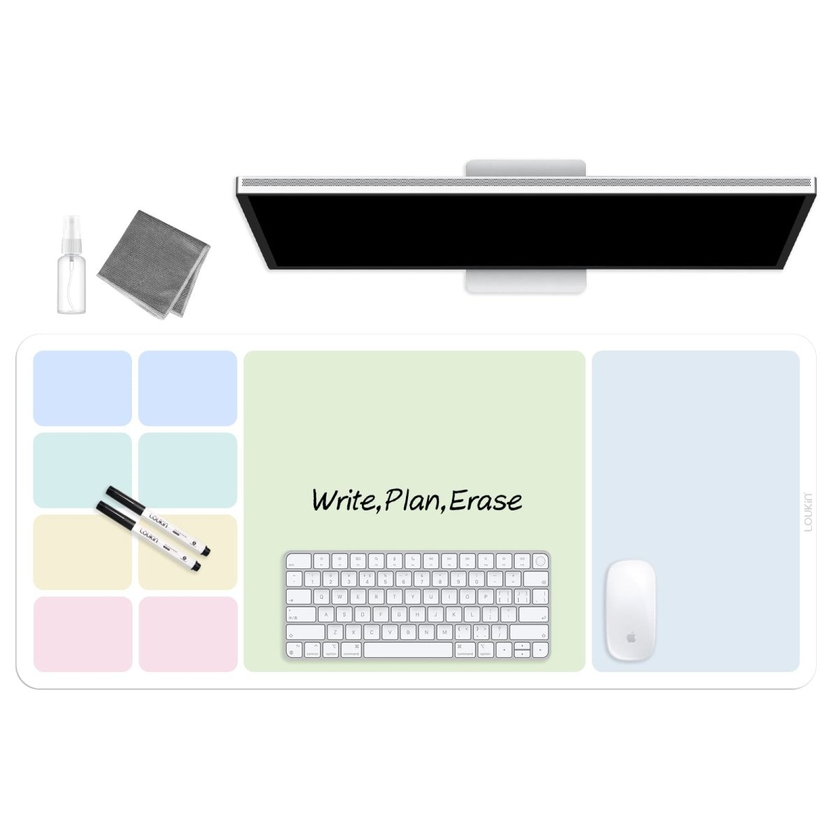 loukin W1401K EraseDeskMat main product image, showing a large, rectangular dry-erase desk mat from a top-down view. The mat features different colored sections for organization, including a central space with the text "Write, Plan, Erase." A computer keyboard, mouse, monitor, markers, spray bottle, and cleaning cloth are arranged on and around the mat to demonstrate its use as a desktop planner and protector.