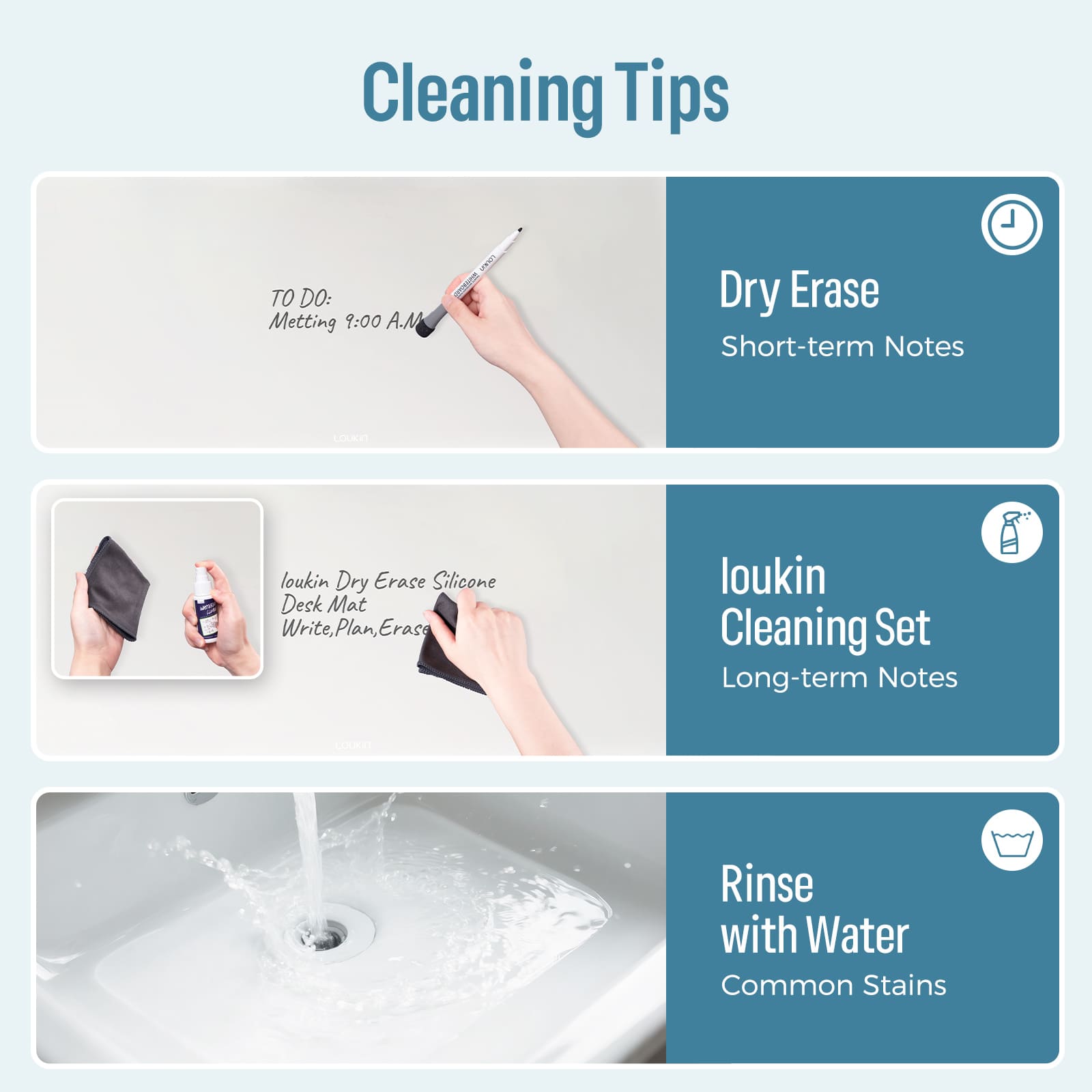loukin W1402K Erasable Desk Mat Cleaning Tips guide showing three methods for cleaning: Dry Erase for short-term notes, using the loukin Cleaning Set (spray and cloth) for long-term notes, and Rinse with Water for common stains, demonstrating the mat's easy maintenance.