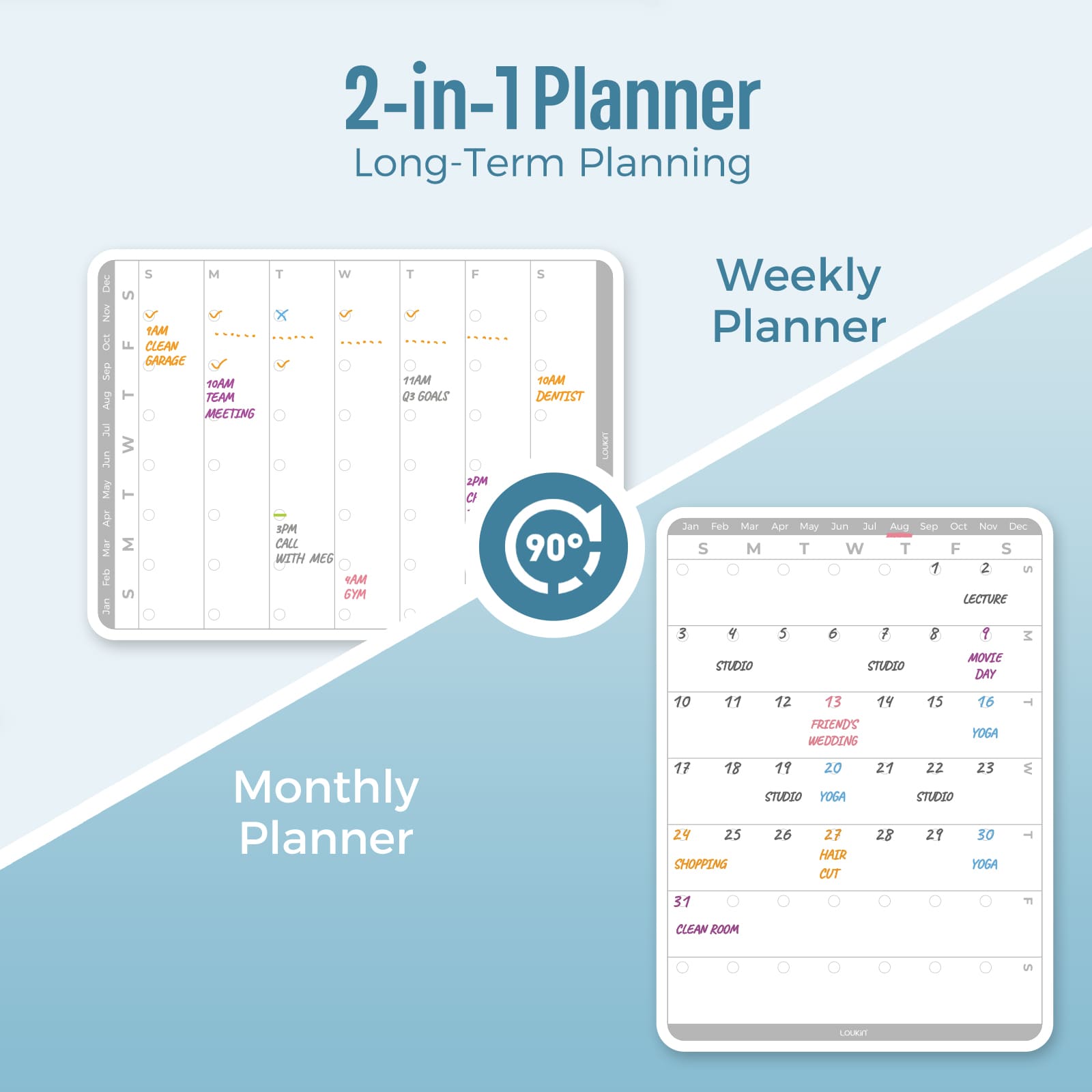 loukin W1402K Erasable Desk Mat advertising Durable & Long-Lasting features. Key features shown are Dustproof, Heat Resistant (up to 302°F/150°C), Water & Oil Proof, and Washable, with hands holding up the flexible gray mat to demonstrate the material.