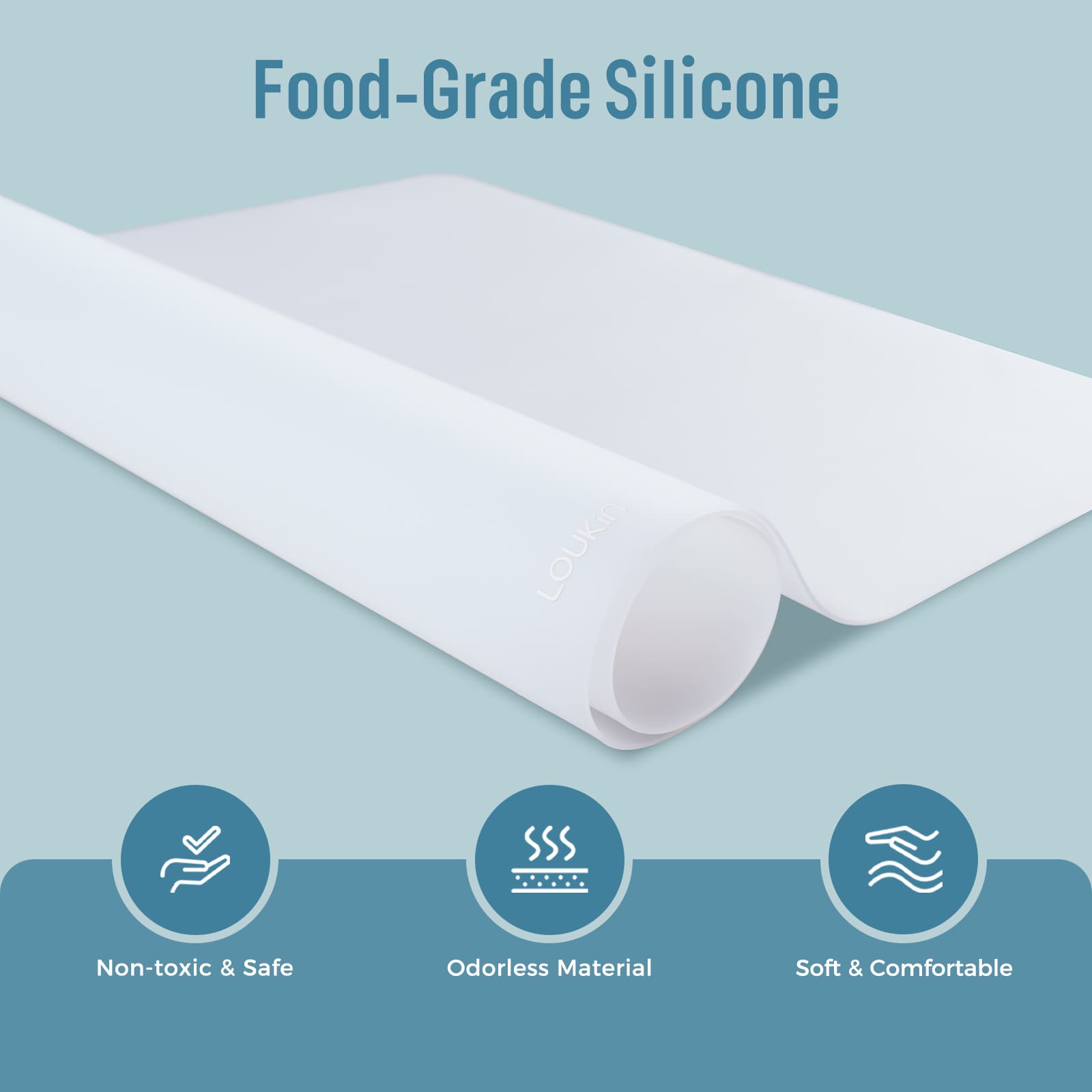 loukin W1402K Erasable Desk Mat highlighting its Food-Grade Silicone material. Key benefits shown are Non-toxic & Safe, Odorless Material, and Soft & Comfortable, with the white mat gently rolled to show its flexible texture.