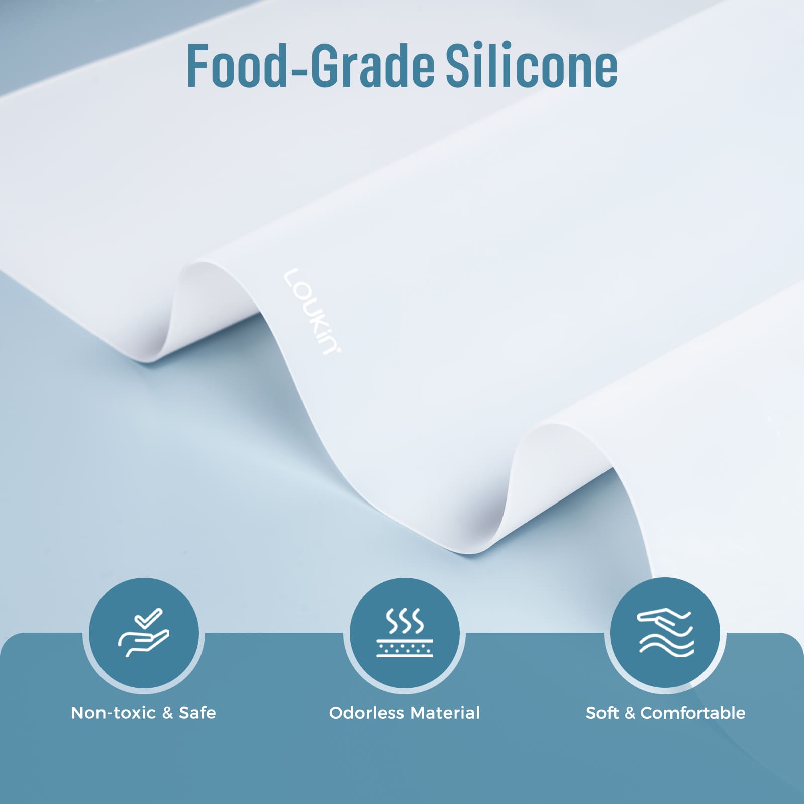 loukin W1402K Erasable Desk Mat highlighting its Food-Grade Silicone material. Key benefits shown are Non-toxic & Safe, Odorless Material, and Soft & Comfortable, with the white mat gently rolled to show its flexible texture and the Loukin logo visible.