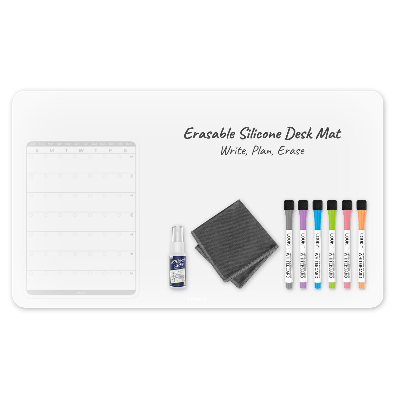 loukin W1402K Erasable Silicone Desk Mat in white, featuring a calendar/planner template and the text "Write, Plan, Erase". The mat is shown with the complete accessory set: a cleaning spray bottle, a gray microfiber cloth, and six brightly colored dry erase markers.