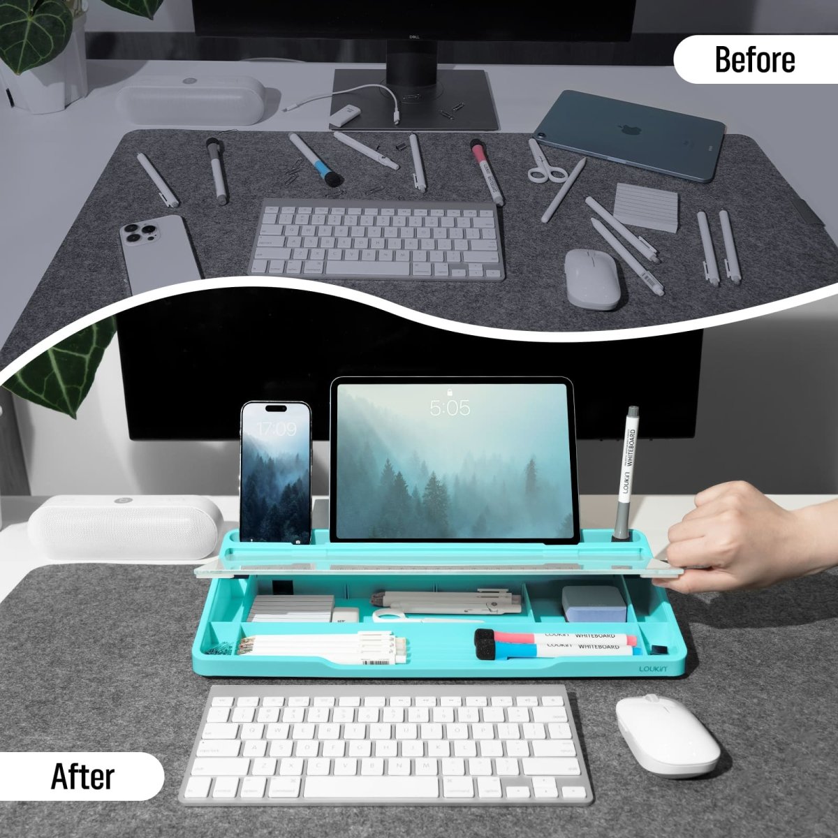 loukin W1701K GlassDesktopWhiteboard Before and After comparison shot demonstrating desk organization. The "Before" section shows a messy desk with various items scattered on a mat. The "After" section shows the organized desk with the blue GlassDesktopWhiteboard holding a tablet and smartphone in its stand, and markers/supplies neatly stored inside the board's storage compartment, showcasing its ability to declutter the workspace.