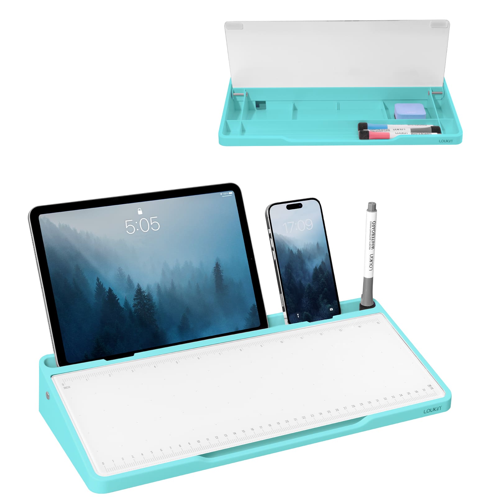loukin W1701K GlassDesktopWhiteboard main product image in blue. The photo displays the desktop dry-erase board with its transparent cover open (top view), and in use (bottom view) holding a tablet and smartphone in the integrated groove, demonstrating its function as an ergonomic writing surface and organizer with a ruler-style guide.