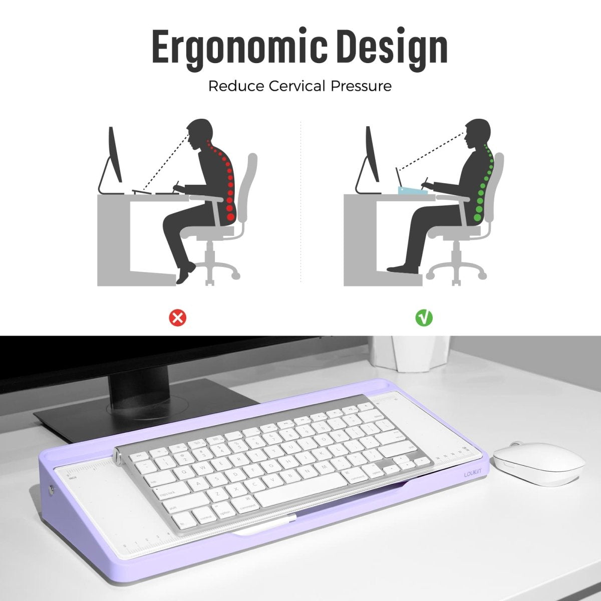 loukin W1701K GlassDesktopWhiteboard feature image highlighting its Ergonomic Design to "Reduce Cervical Pressure." The top diagram compares incorrect (slouching) and correct (upright) sitting postures at a desk. The bottom image shows the purple desktop whiteboard placed on a desk with a keyboard resting on its tilted surface, demonstrating how the product creates a comfortable and healthy typing and viewing angle.