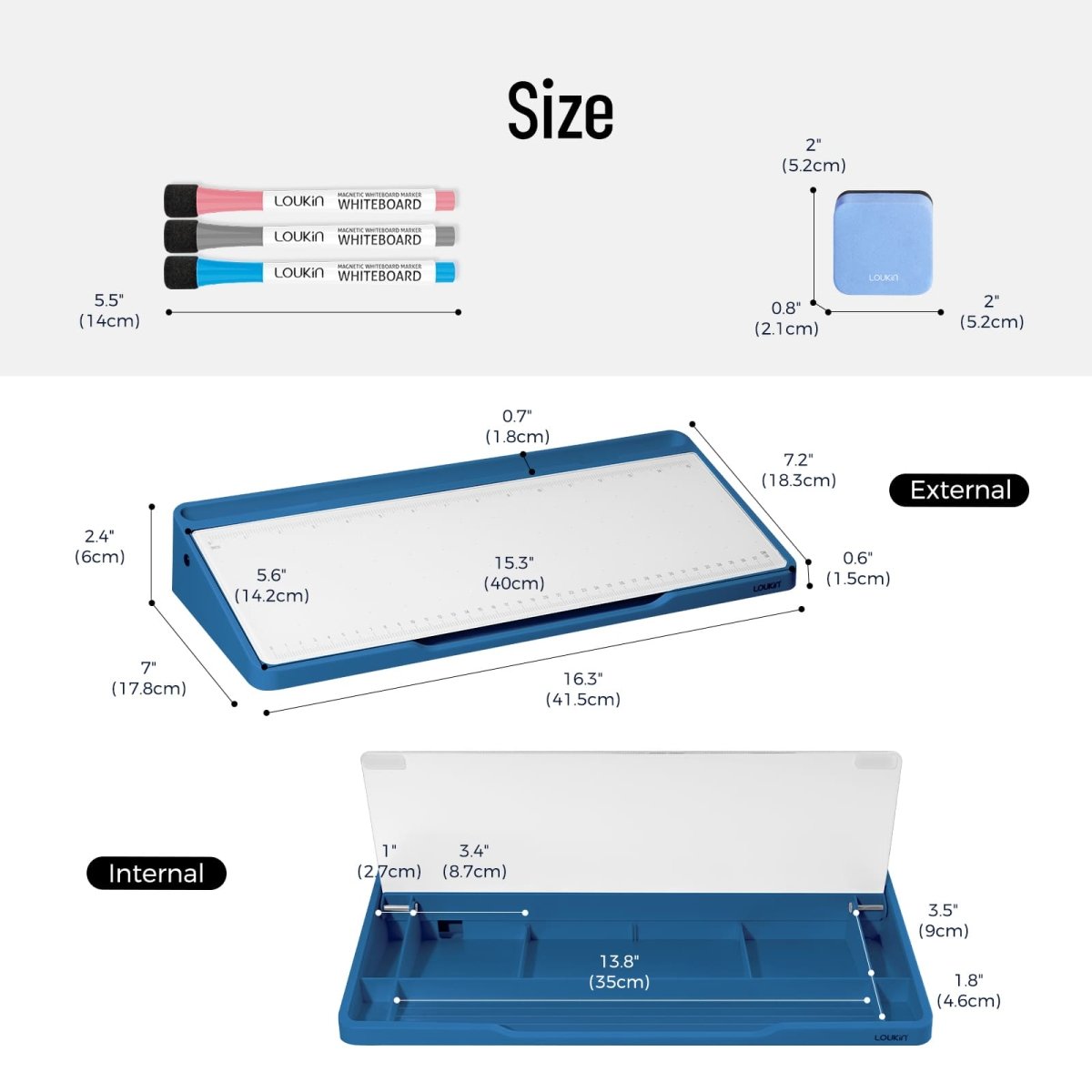 loukin W1701K GlassDesktopWhiteboard size specifications diagram. It shows the External dimensions (16.3" W x 7.2" D x 2.4" H or 41.5cm x 18.3cm x 6cm) and Internal storage dimensions (13.8" W x 3.5" D or 35cm x 9cm). The image also details the size of the included accessories: markers (5.5" or 14cm) and the dry eraser (2" x 2" or 5.2cm x 5.2cm).