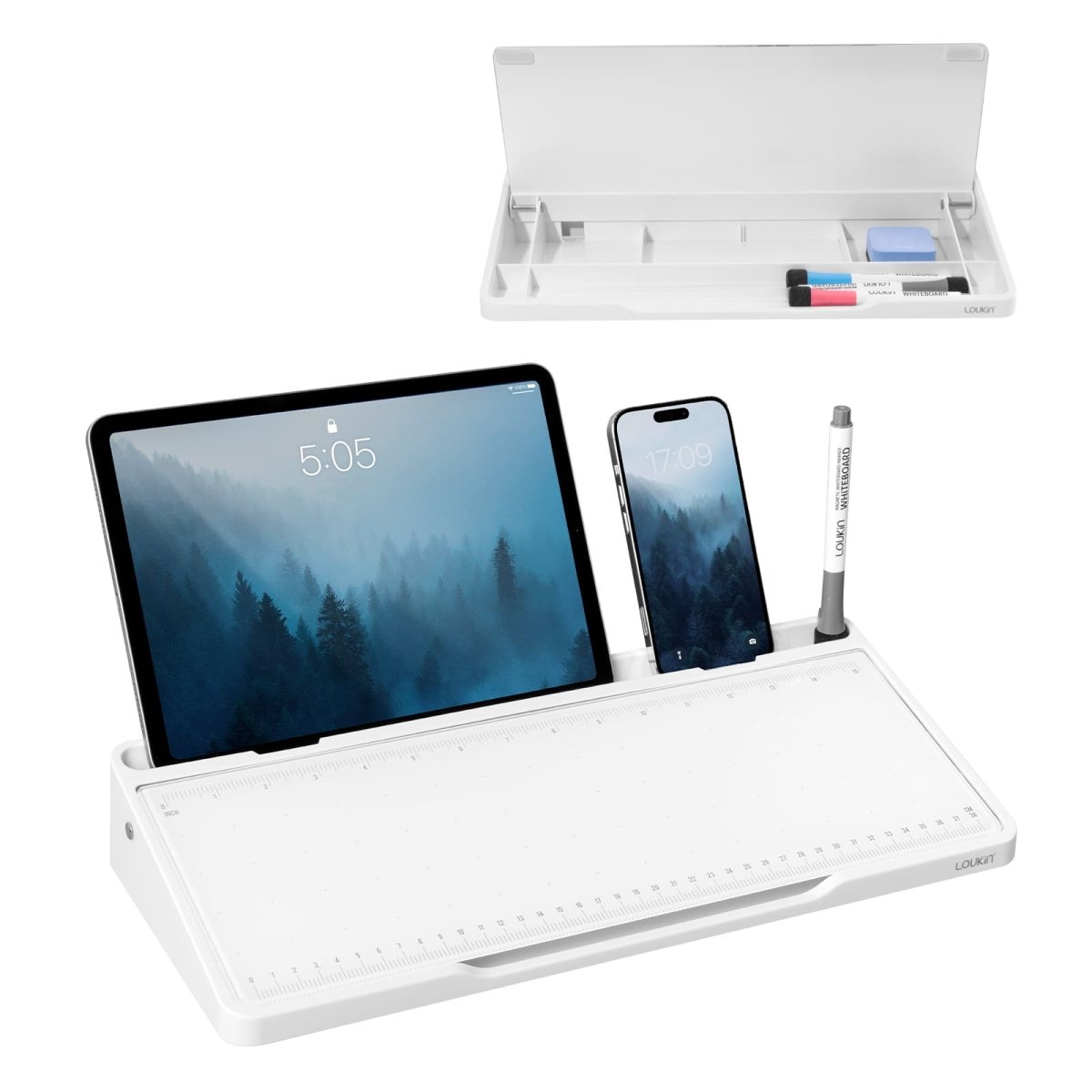 loukin W1701K GlassDesktopWhiteboard main product image in white. The photo displays the desktop dry-erase board with its transparent cover open (top view), and in use (bottom view) holding a tablet and smartphone in the integrated groove, demonstrating its function as an ergonomic writing surface and organizer with a ruler-style guide.