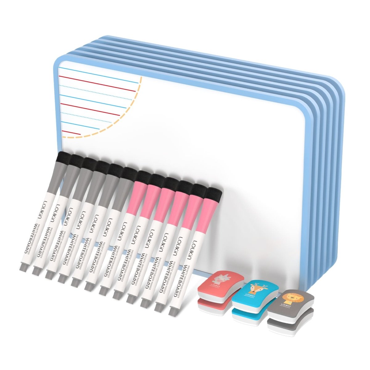 Main product image for the Loukin Seamless Frame 6-Pack Kid Dry Erase Lapboard (W1802K). The image shows a stack of six lapboards with light blue seamless frames and a generous set of accessories, including ten dry erase markers (pink and grey/black) and four small animal-themed magnetic erasers (deer, fox, monkey, lion), highlighting a complete, kid-friendly set.