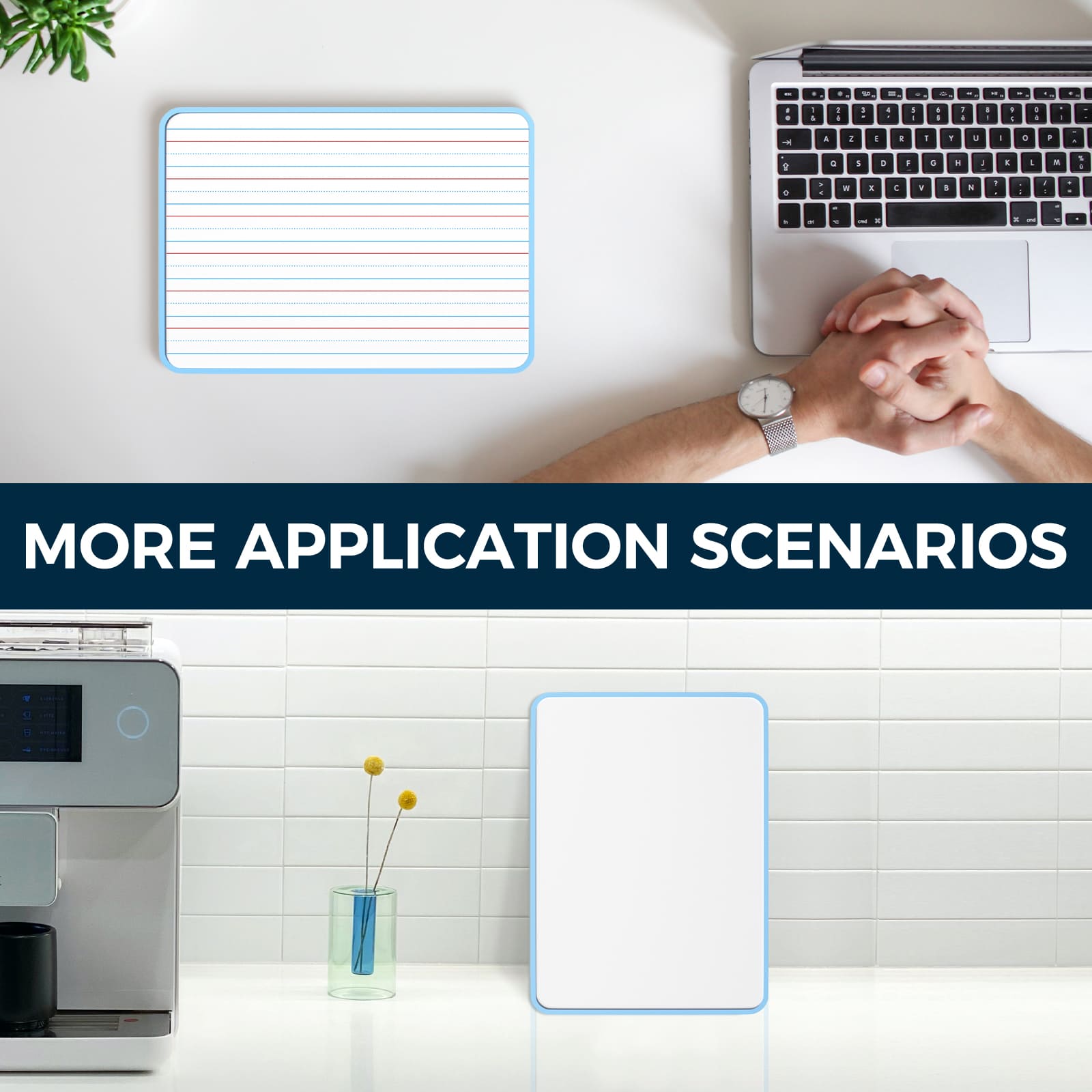 Feature image for the Loukin Seamless Frame Kid Dry Erase Lapboard (W1802K), highlighting "MORE APPLICATION SCENARIOS." The top panel shows the lapboard on an office desk next to a laptop, featuring the lined side for note-taking. The bottom panel shows the lapboard on a kitchen or home counter in a vertical orientation (plain side out) as a reusable memo board, demonstrating its versatility beyond the classroom.