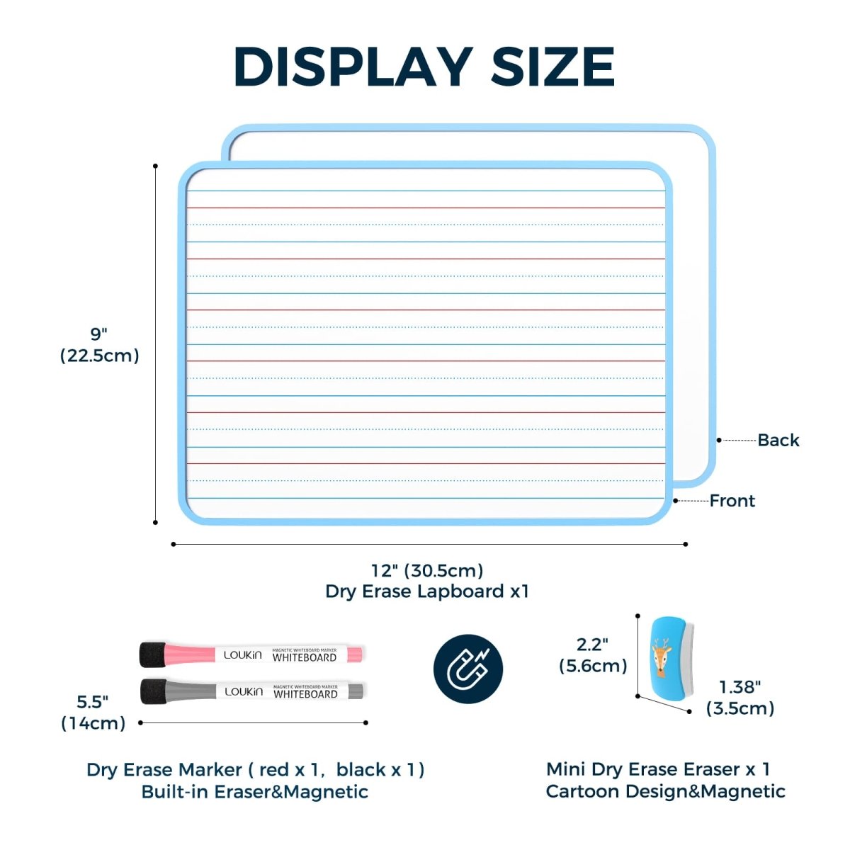 Feature image detailing the DISPLAY SIZE and individual accessories of the Loukin Kid Dry Erase Lapboard (W1802K) set. The lapboard dimensions are shown as 12" (30.5cm) x 9" (22.5cm). The accessories section details the size and type of single items: Dry Erase Marker (5.5" / 14cm, red x 1, black x 1, built-in eraser & magnetic) and Mini Dry Erase Eraser x 1 (2.2" x 1.38" / 5.6cm x 3.5cm, cartoon design & magnetic).