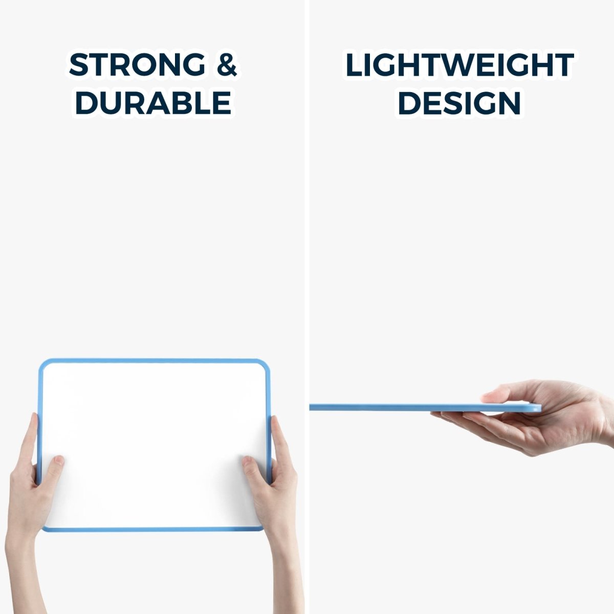 Feature image for the Loukin Seamless Frame Kid Dry Erase Lapboard (W1802K), highlighting its construction benefits. The left panel emphasizes "STRONG & DURABLE," showing a pair of hands firmly holding the board to suggest sturdiness. The right panel emphasizes "LIGHTWEIGHT DESIGN," showing a hand holding the thin board from the side to illustrate its light weight and slim profile.