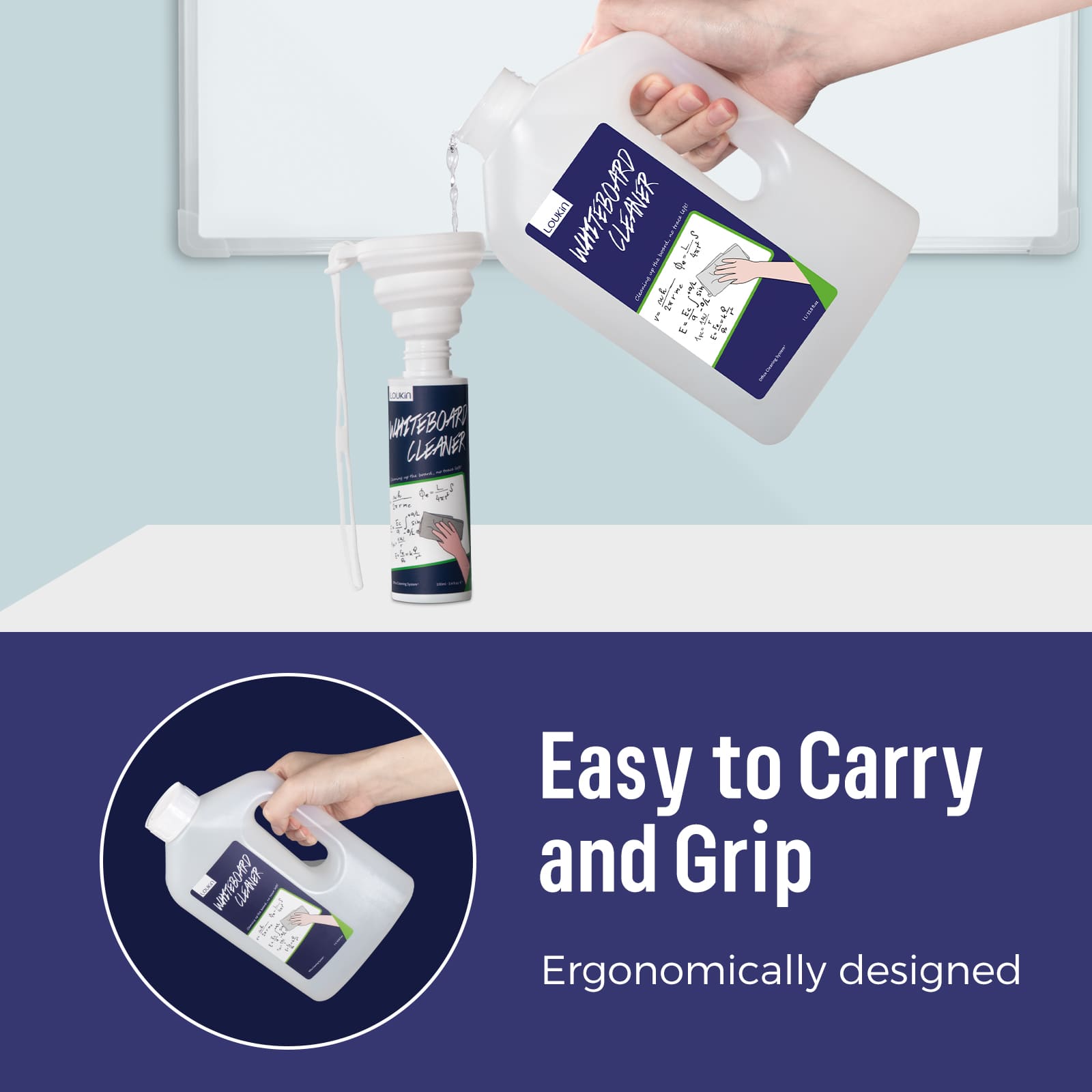 loukin W3105 1 Liter Whiteboard Cleaner highlighting the "Easy to Carry and Grip" feature due to its Ergonomically designed handle. The image also demonstrates the refill process, showing the large bottle pouring cleaner into a smaller spray bottle using a white collapsible funnel.