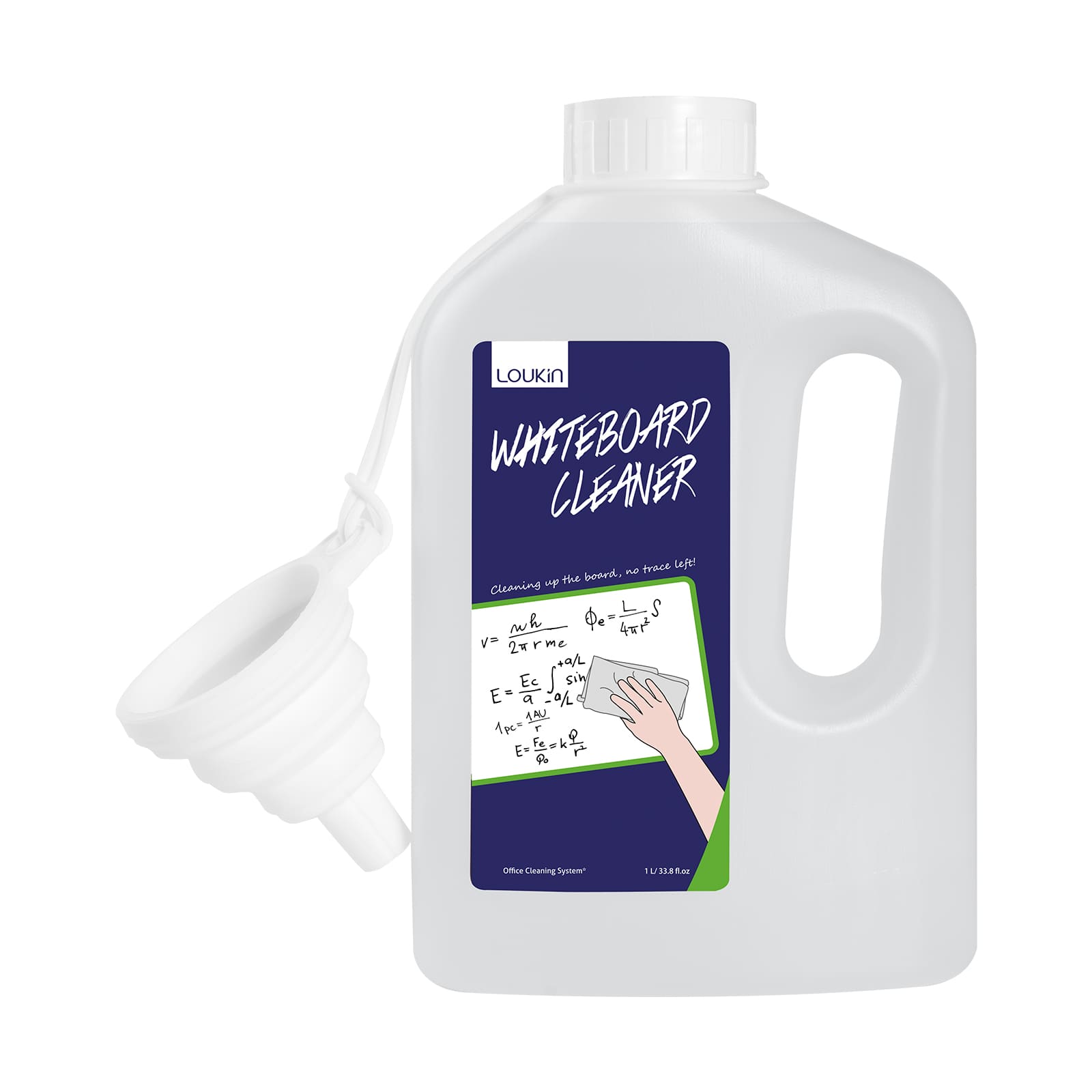 loukin W3105 1 Liter Whiteboard Cleaner main product shot. The large white refill bottle, featuring an integrated handle, is shown alongside a FREE silicone collapsible funnel hanging from the neck of the bottle, ready for convenient refilling.