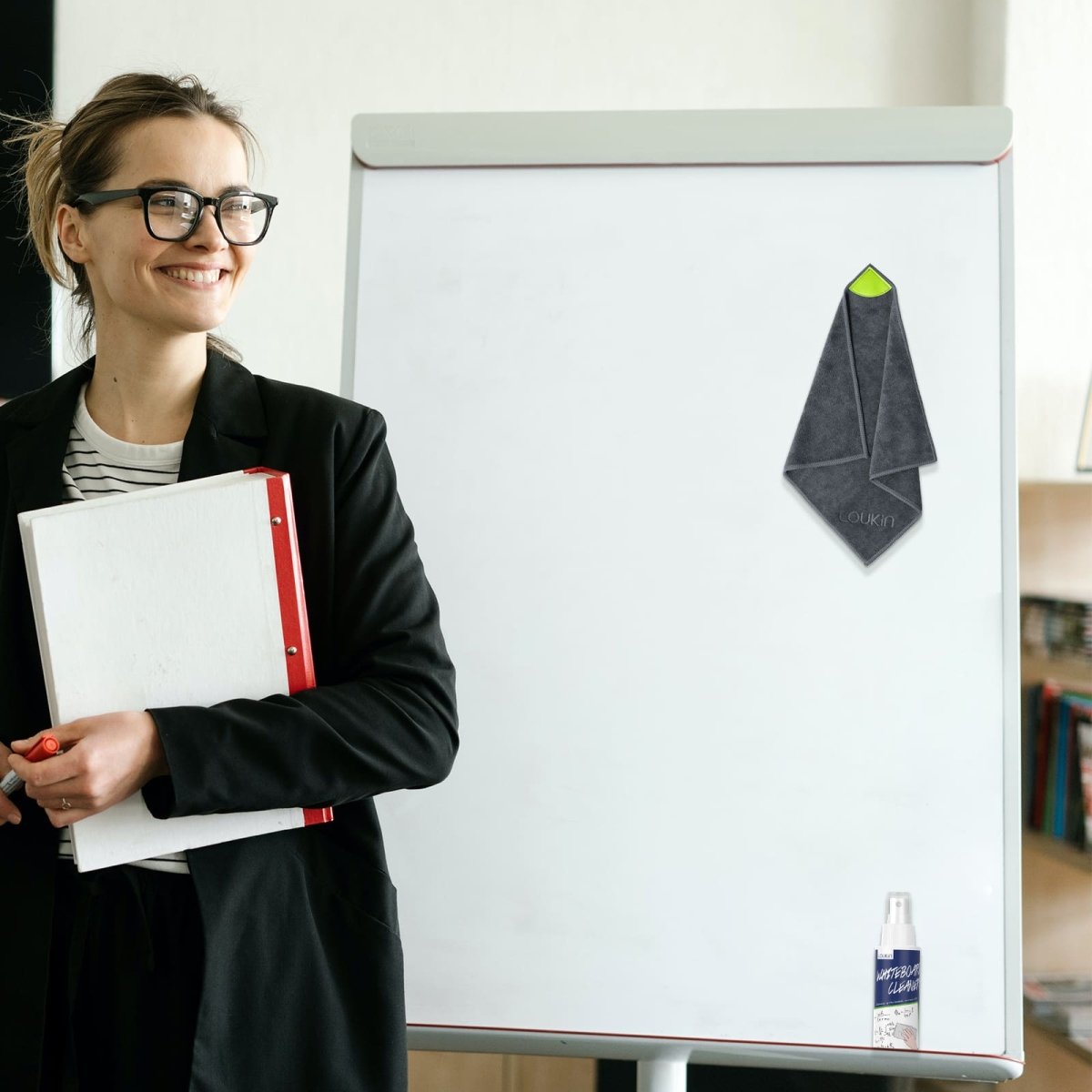 Feature image for the Loukin Magnetic Cleaning Cloth (W3306K), detailing its material and construction quality. The image highlights that the cloth is made of "Microfiber Material" and is "100% Thickened Material". Additional features are shown: "Machine-stitched Edging" and being "Durable and Lint-free". A stack of folded gray cloths emphasizes the quantity and texture.