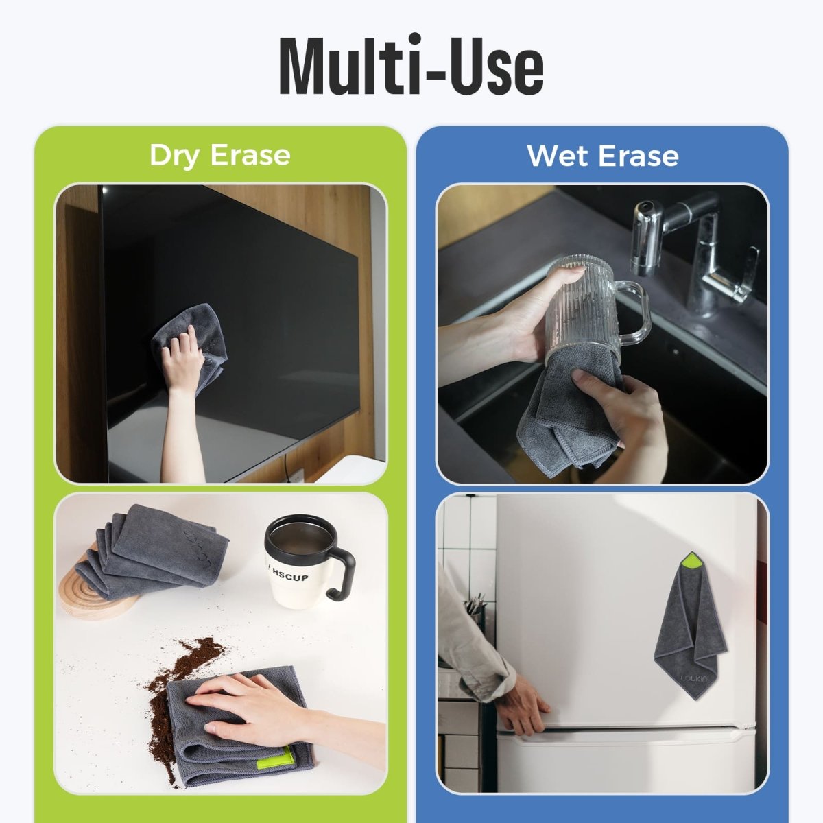 Feature image for the Loukin Magnetic Cleaning Cloth (W3306K), detailing its size and material properties. The cloth size is specified as 11.8" x 11.8" (30cm x 30cm). Key material features are listed as Reusable, Washable, Fade Resistant, and Soft.