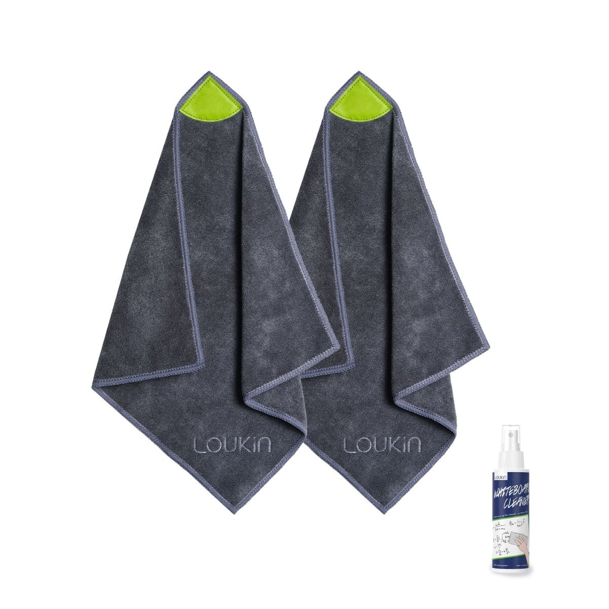 Product feature image of one Loukin Magnetic Cleaning Cloth (W3306K) paired with a small bottle of Loukin Whiteboard Cleaner Spray. The cloth is dark grey microfiber with a bright green loop for hanging. This image highlights the cleaning combination of the cloth and specialized cleaner for effective whiteboard maintenance.